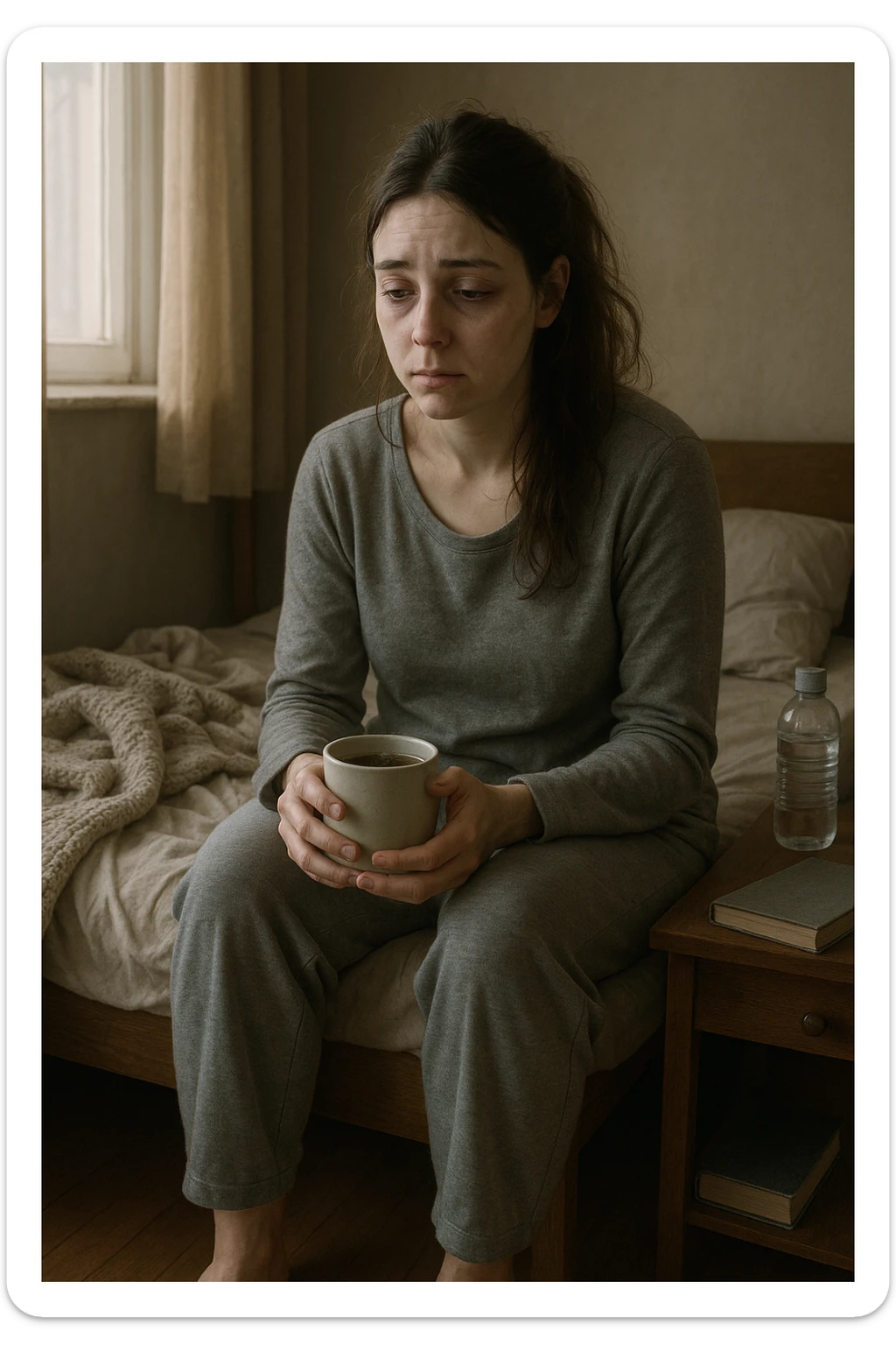 A realistic, cinematic illustration of a woman in her early 30s with a tired, pale appearance, sitting on the edge of her bed in a softly lit bedroom during the morning, looking exhausted and drained. Her posture is slightly slouched, and dark circles are visible under her eyes. She wears comfortable loungewear, holding a warm cup of herbal tea in her hands, seeking comfort. The scene includes a cozy yet slightly messy room with a blanket, a water bottle, and a book on the nightstand, emphasizing chronic fatigue. Soft natural light comes through the window, highlighting her expression of persistent tiredness despite rest, capturing the invisible struggle of chronic fatigue syndrome while maintaining dignity and a gentle aesthetic. sticker
