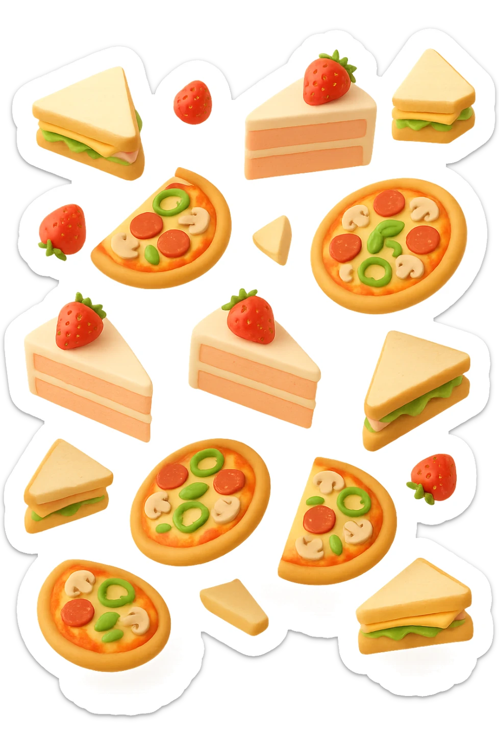 pizzette, fette di torta e panini, fluttuano in aria in 3d, sfondo bianco sticker
