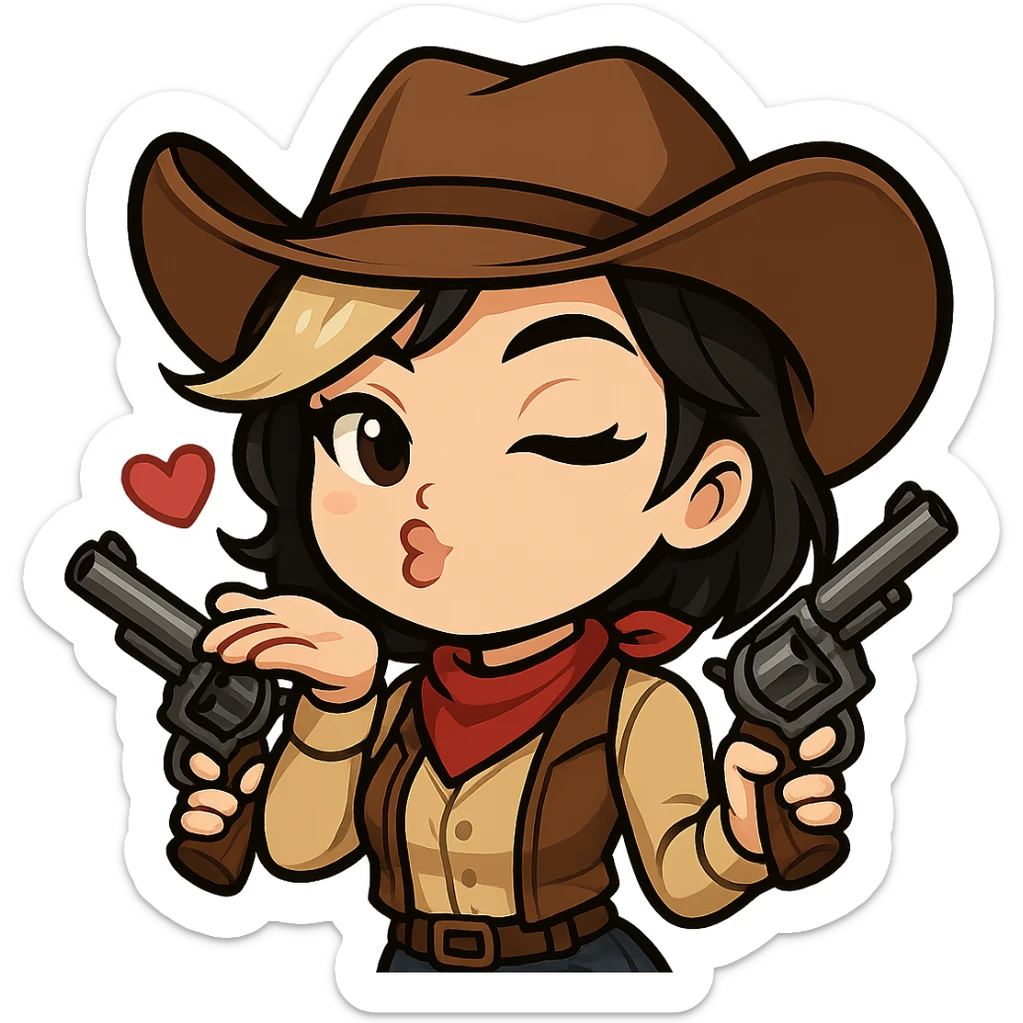 Chibi cowgirl with slightly longer hair and a blonde streak, wearing a cowboy hat and western outfit, holding two revolvers, pose blowing a kiss, playful expression, chibi/anime style, transparent background, sized for Twitch or Discord use. sticker