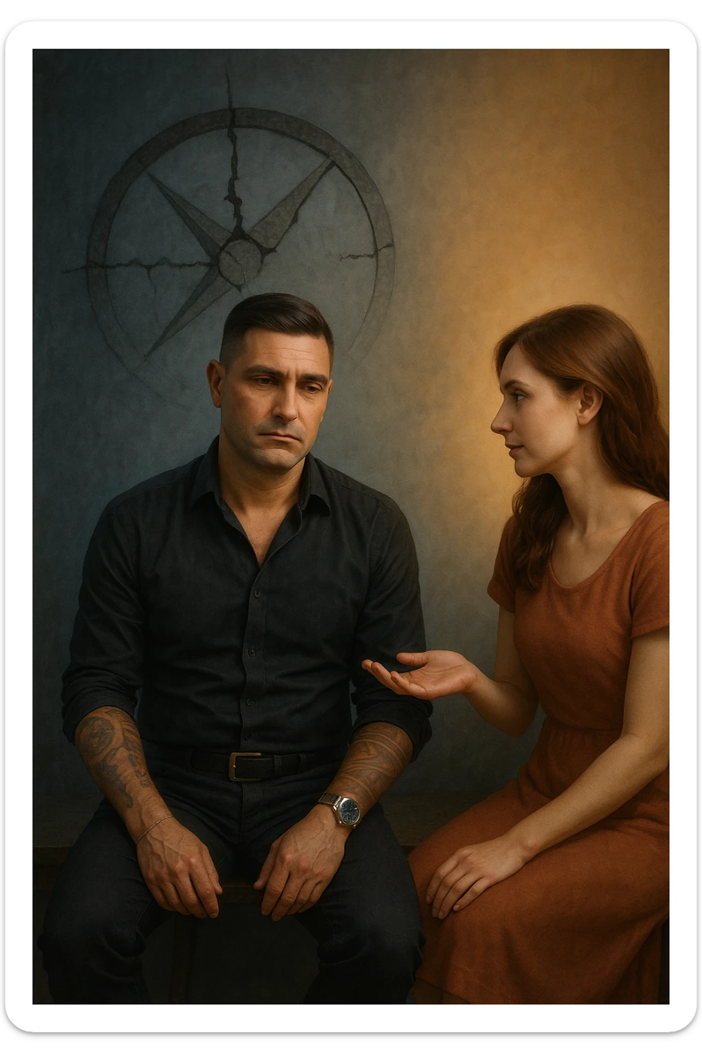 Uomo tra i 35 e i 45 anni seduto su una panchina o in una stanza tranquilla, sguardo rilassato ma spento, come sollevato nel mentale ma svuotato nello spirito. Davanti a lui una donna lo guarda con dolcezza, mano tesa come per offrire una soluzione. L’ambiente attorno all’uomo è grigio-bluastro, con la sua aura maschile che si dissolve leggermente, mentre intorno alla donna una luce calda e stabile. Sullo sfondo, un simbolo spezzato di bussola o direzione, a indicare la perdita di leadership interiore. Atmosfera riflessiva, stile realistico con simbolismi delicati sticker