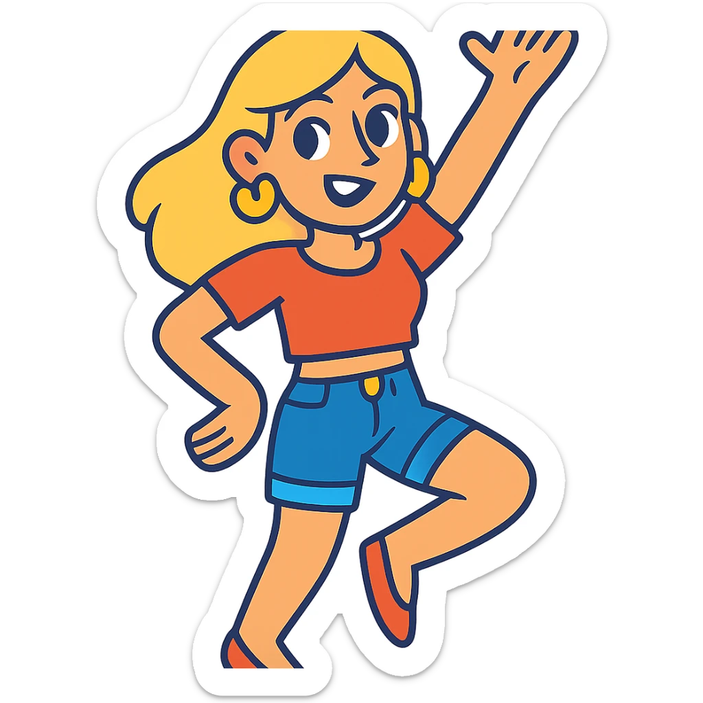 blonde woman with gold earrings, wearing a crop top shirt and jean shorts, in a fun and stylish pose, vibrant toon style, colorful, cheerful sticker
