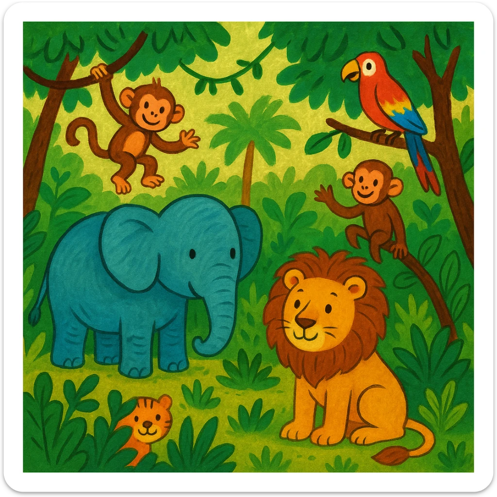 digital illustration of jungle safari in the style of children's story book sticker
