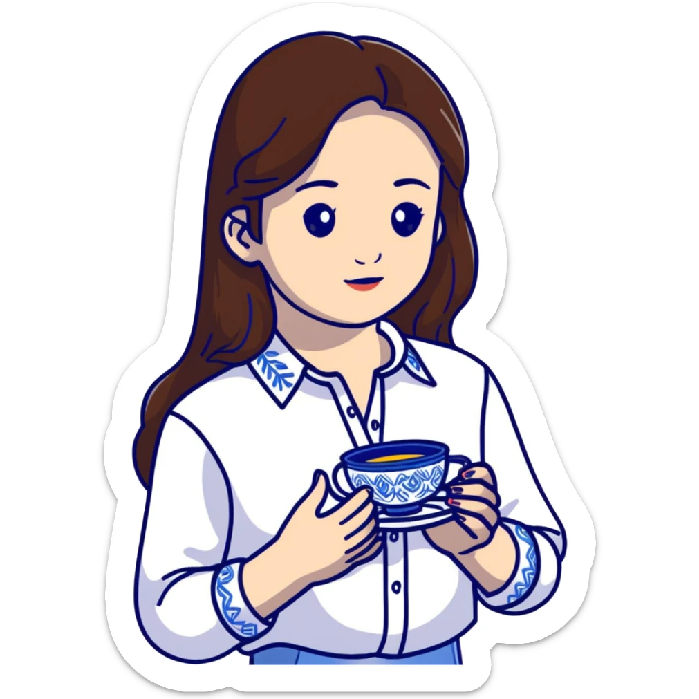Ukrainian young girl with long brown hair in a white traditional embroidered shirt, cupping a small glowing blue light in her hands representing her soul sticker