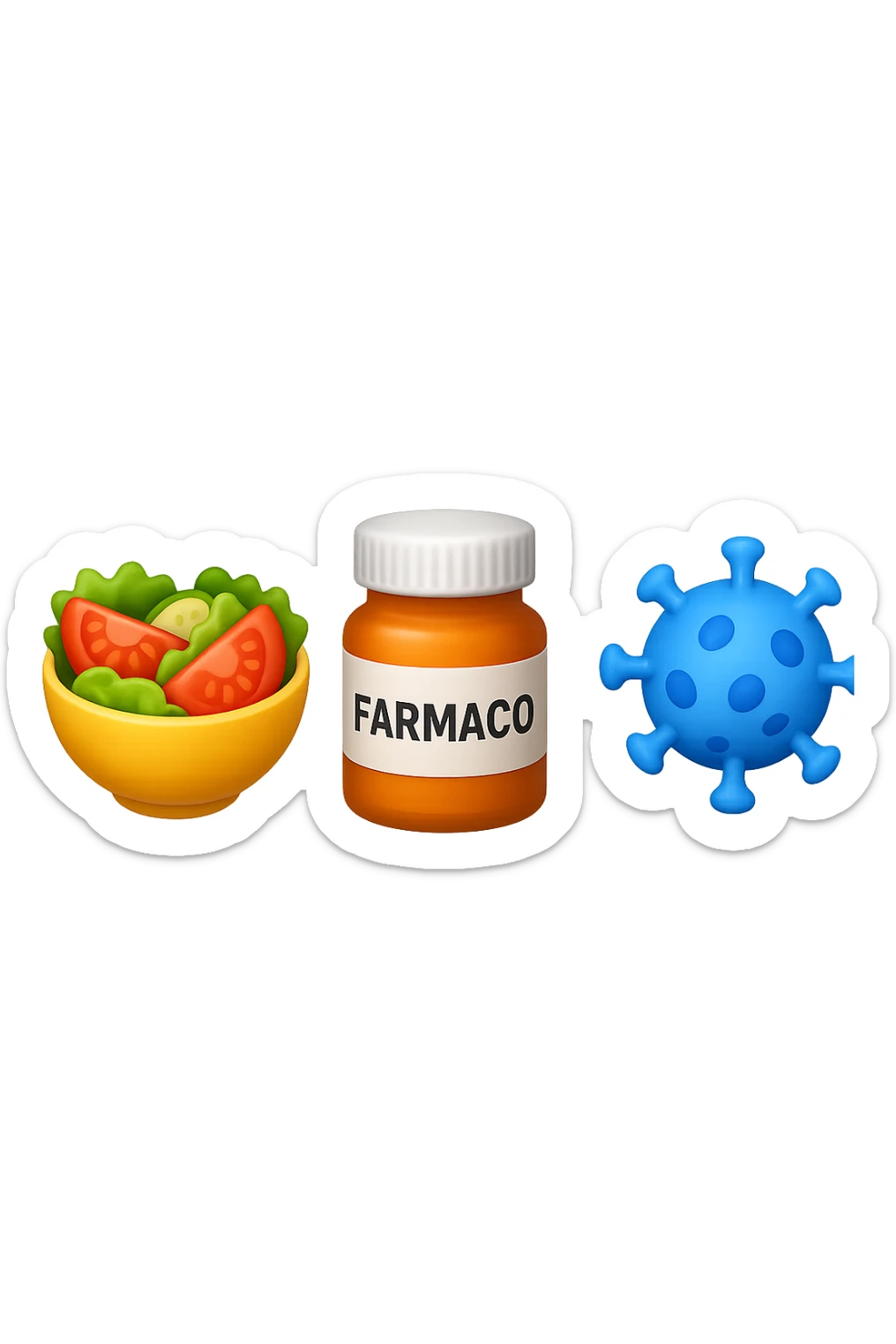 EMOJI STILE IPHONE DI una bowl di insalata, una boccetta di farmaco con la scritta "FARMACO" SULLA BOCCETTA E UN VIRUS, FLUTTUANO IN ARIA, IPERREALISTICO 4K sticker