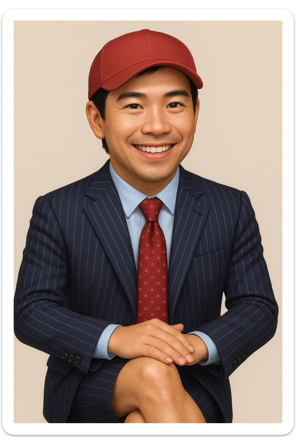 Create an 80% realistic emoji of a smiling man in a pinstripe suit and red cap, sitting with legs crossed. The style should be semi-realistic, blending emoji and photorealism, inspired by the reference photo. sticker