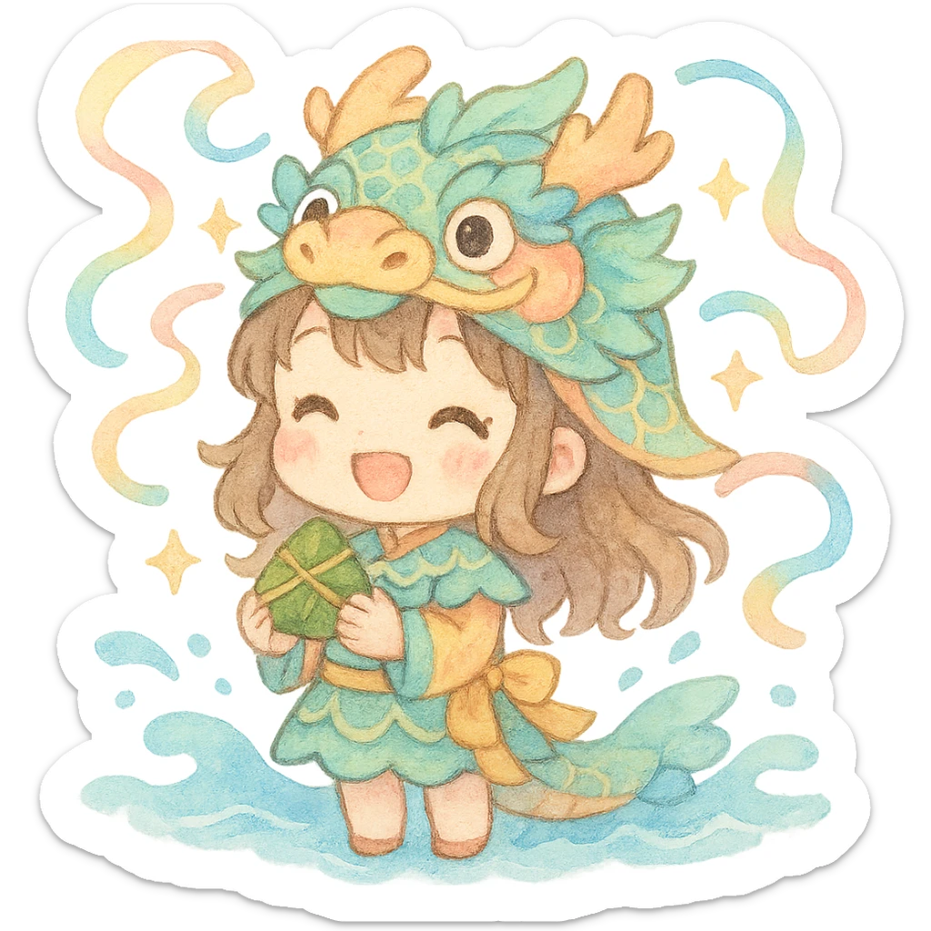 chibi girl wearing a pastel dragon boat outfit, smiling and holding a rice dumpling, with floating colorful ribbons, sparkles, soft waves, festive Dragon Boat Festival mood, kawaii, watercolor, pastel, fluffy sticker