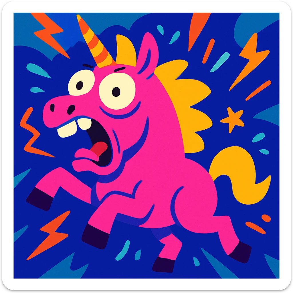 neon pink unicorn in chaos, exaggerated expression, vibrant colors, cartoon style, energetic, playful sticker