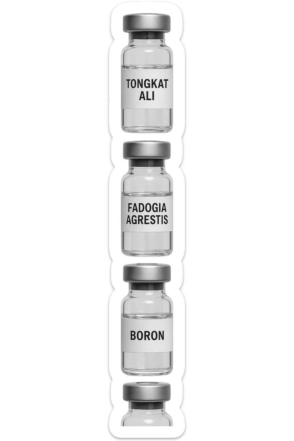 3 fiale mediche: Tongkat Ali, Fadogia Agrestis, PT-141, Boron e Zinco fluttuano in aria verticalmente sticker