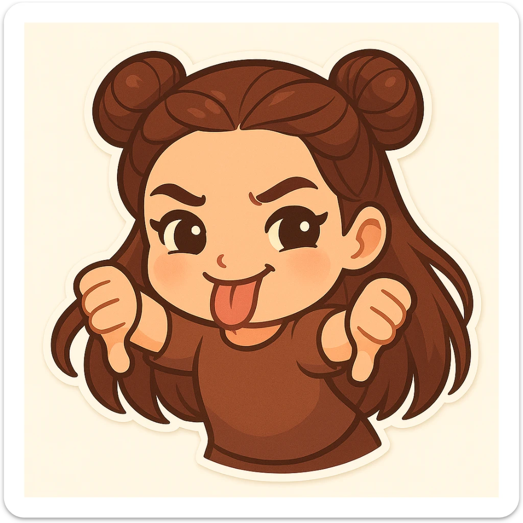Create a chibi sticker of the girl with double bun hairstyle, giving a thumbs down with both hands, sticking out her tongue, body leaning forward, playful and cheeky, same face and clothes as before. sticker