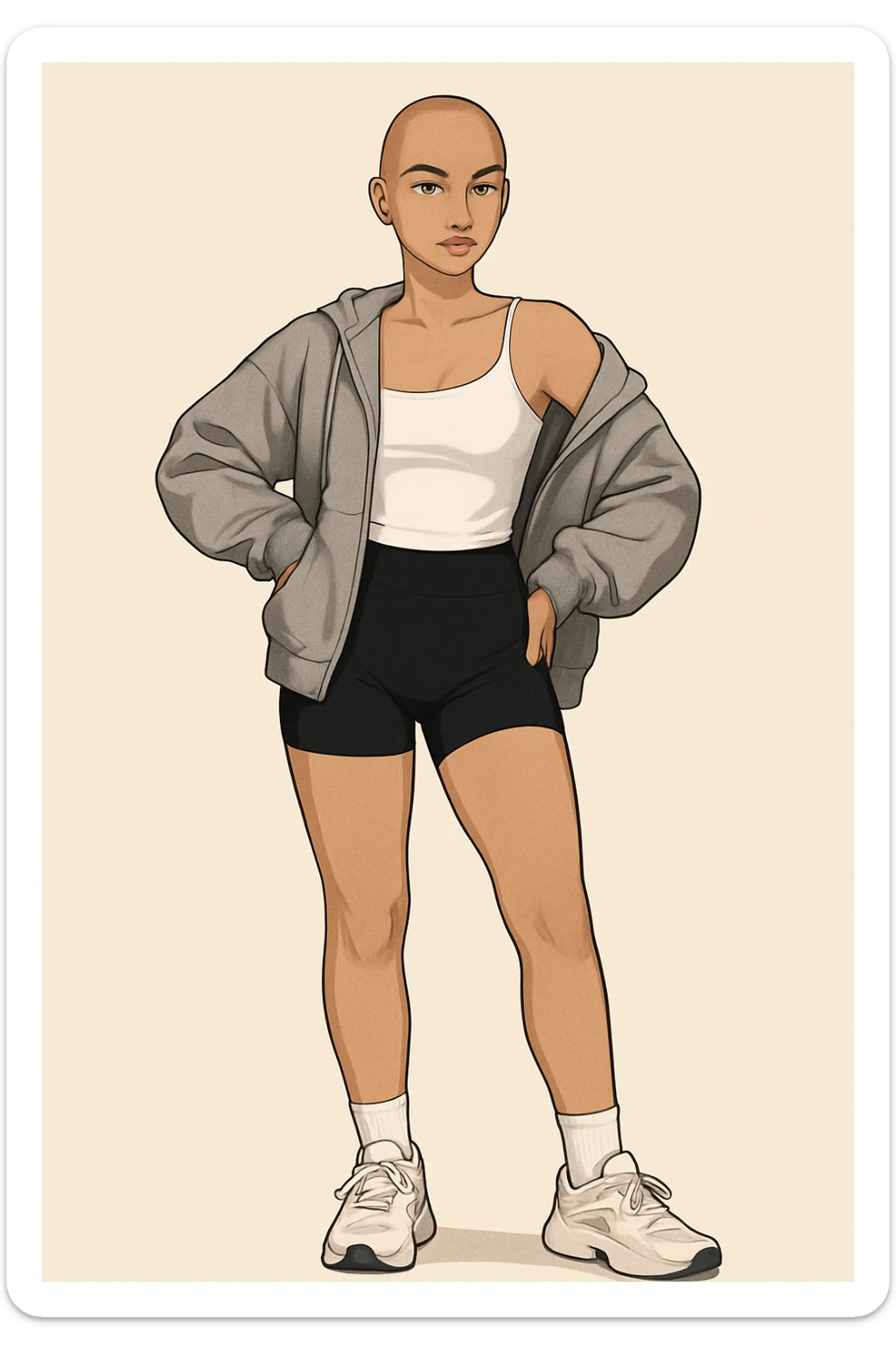 Create a high-quality avatar of a woman without hair, wearing shoes. The pose should be feminine, slightly sexy, yet stylish and aesthetic. The head is looking straight ahead. Use the same skin color as the original model. Ensure very high quality with no glitches, no visual artifacts, no colored stripes. The shading should be clean, edges smooth, clothing fits naturally, and lighting is even and natural. sticker