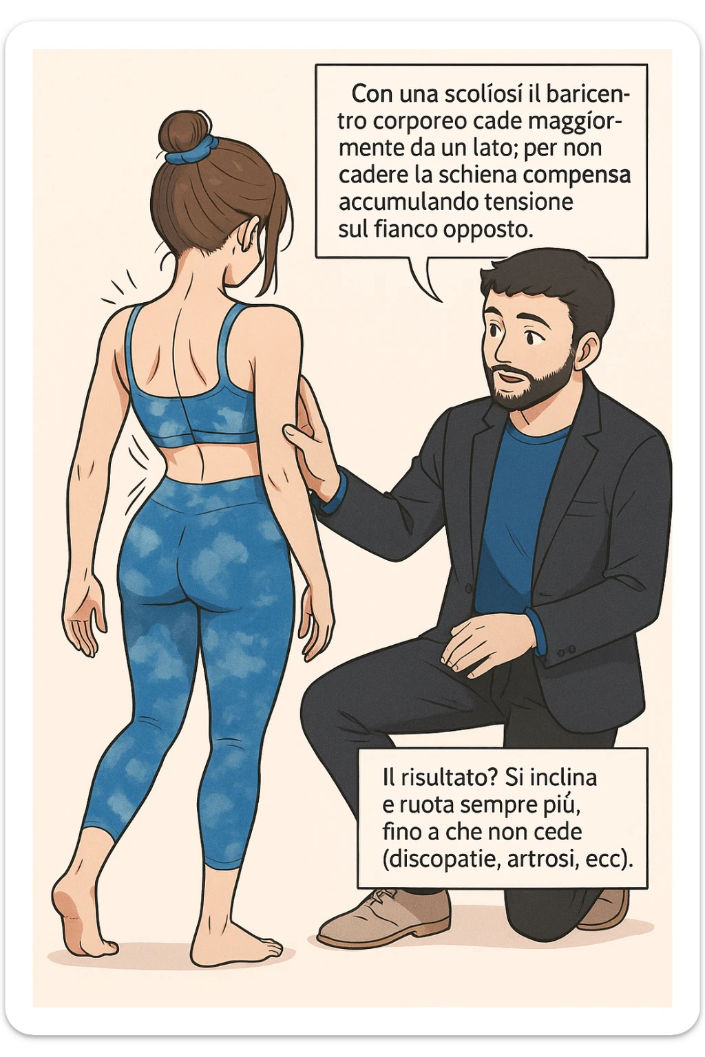 fai questa immagine in versione manga/webtoon a colori, il manga mostra la donna di spalle, mentre l'uomo le tocca la spina dorsale per spiegarle come funziona la scoliosi:
Con una scoliosi il baricentro corporeo cade maggiormente da un lato; per non cadere la schiena compensa accumulando tensione sul fianco opposto.
Il risultato? Si inclina e ruota sempre più, fino a che non cede (discopatie, artrosi, ecc) sticker