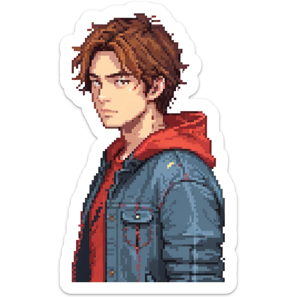Pixel art character, young man with dark jacket, red hoodie, brown messy hair, jeans, scar on left eyebrow, confident face, retro arcade sprite style, side view sticker