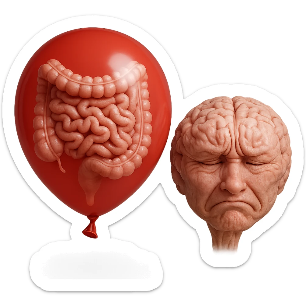 intestino umano anatomico chiuso in un palloncino rosso che simboleggia gonfiore, accanto un cervello stressato, iperrealistico 4k sticker