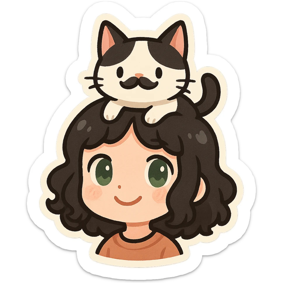 a white girl with black curly medium-length hair and green eyes, smiling, with a white-black cat perched on her head, the cat has a black mustache-like mark under its nose, cute and whimsical style sticker