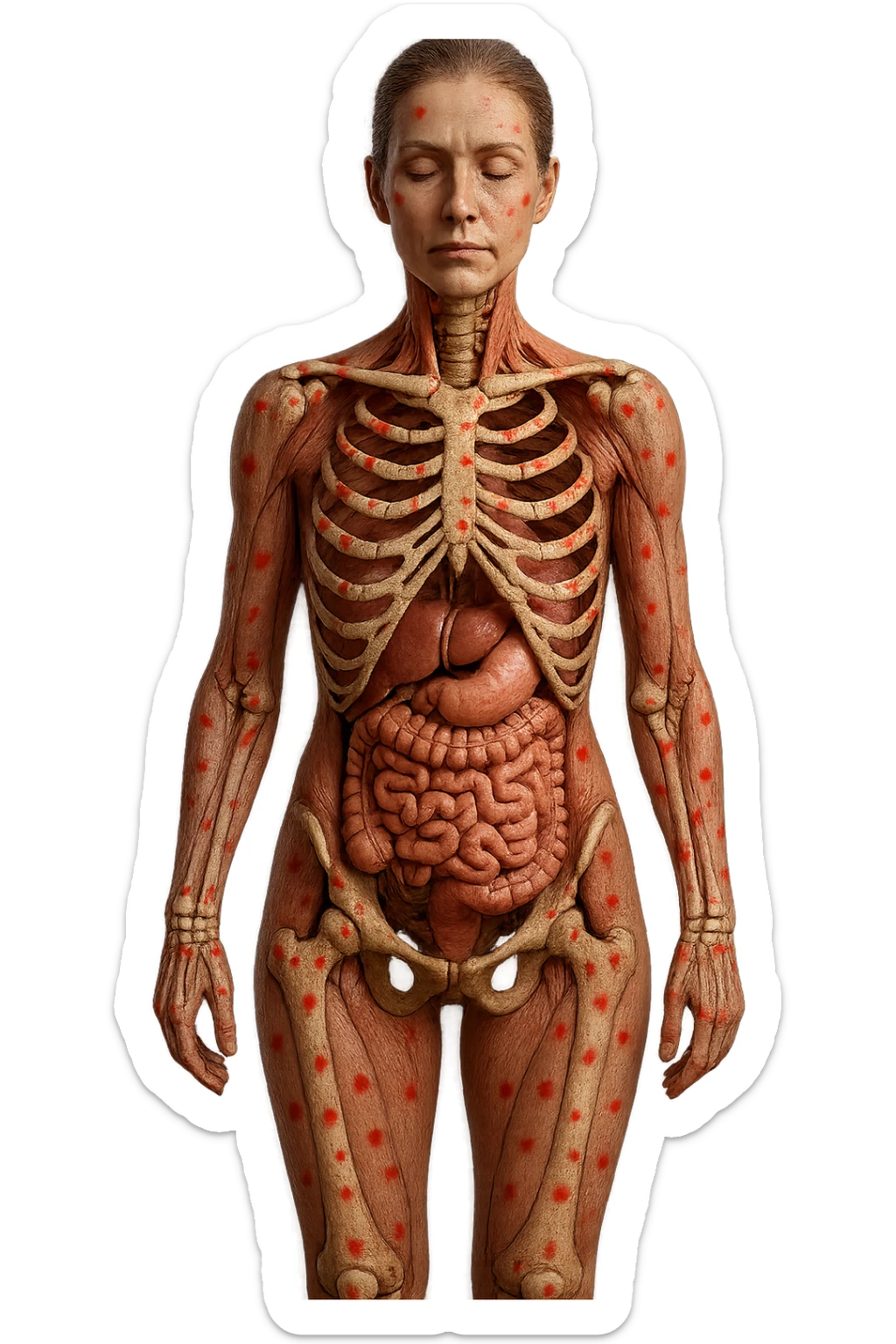 corpo umano anatomico di una donna affetta da fibromialgia, intestino anatomico realistico e red spot sparsi sulle sue ossa, iperrealistica 4k sticker