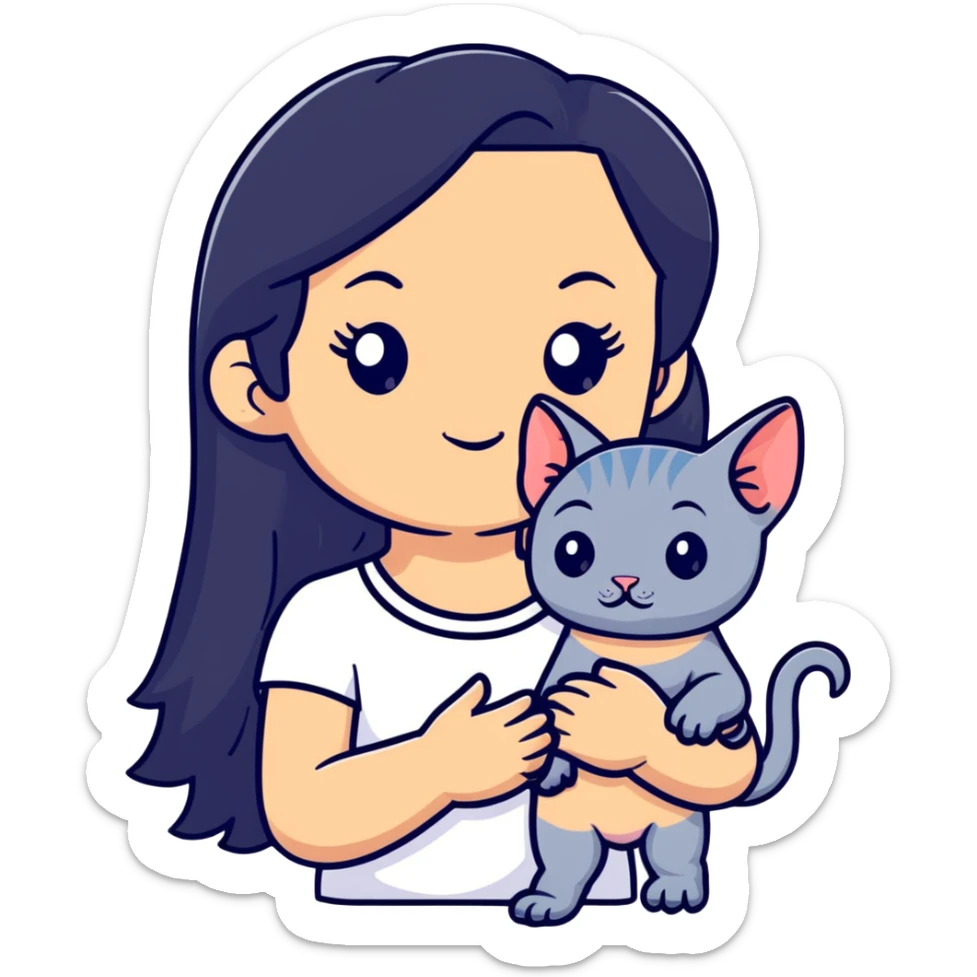 beautiful girl with long black hair holding a hairless sphinx cat sticker