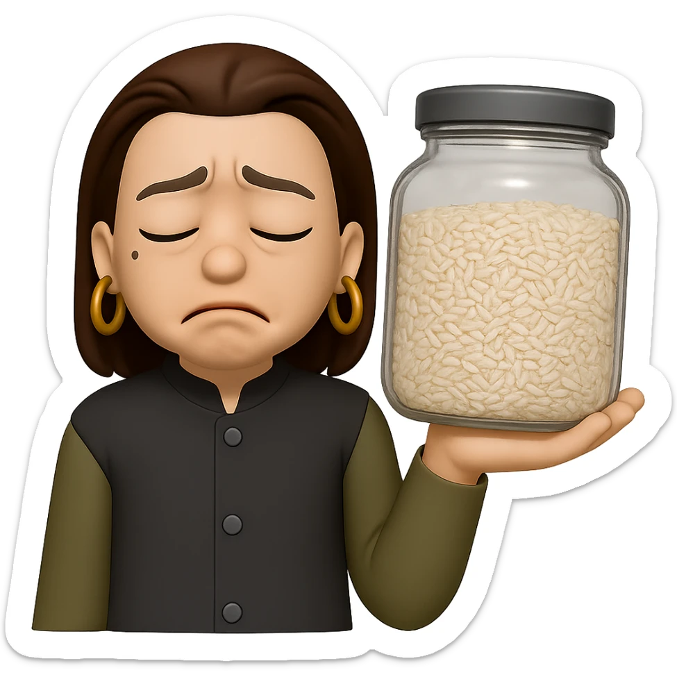 add a heavy glass jar filled with rice on her hand and change her facial expression to look tired from holding the heavy jar, keep the brown dress, golden earring rings, and no background in the same style sticker