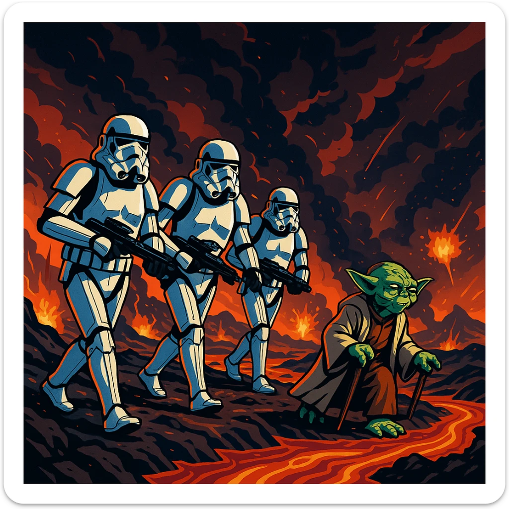 vector art of a Starwars stormtroopers is walking on lava planet with yoda, battleground background 
 sticker