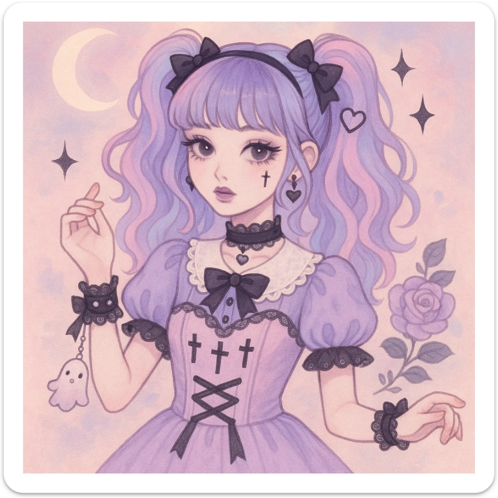 gothic K-pop girl, dreamy pastel goth style, soft colors with gothic details, whimsical pose, cute accessories sticker