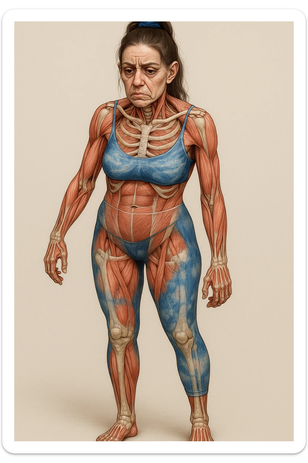 Donna in abbigliamento sportivo, postura asimmetrica, stile medico realistico, muscoli e ossa visibili, segni specifici di stress cronico: mascella serrata, spalle sollevate, rughe sulla fronte, occhiaie marcate, mani contratte, sfondo neutro, formato verticale. sticker