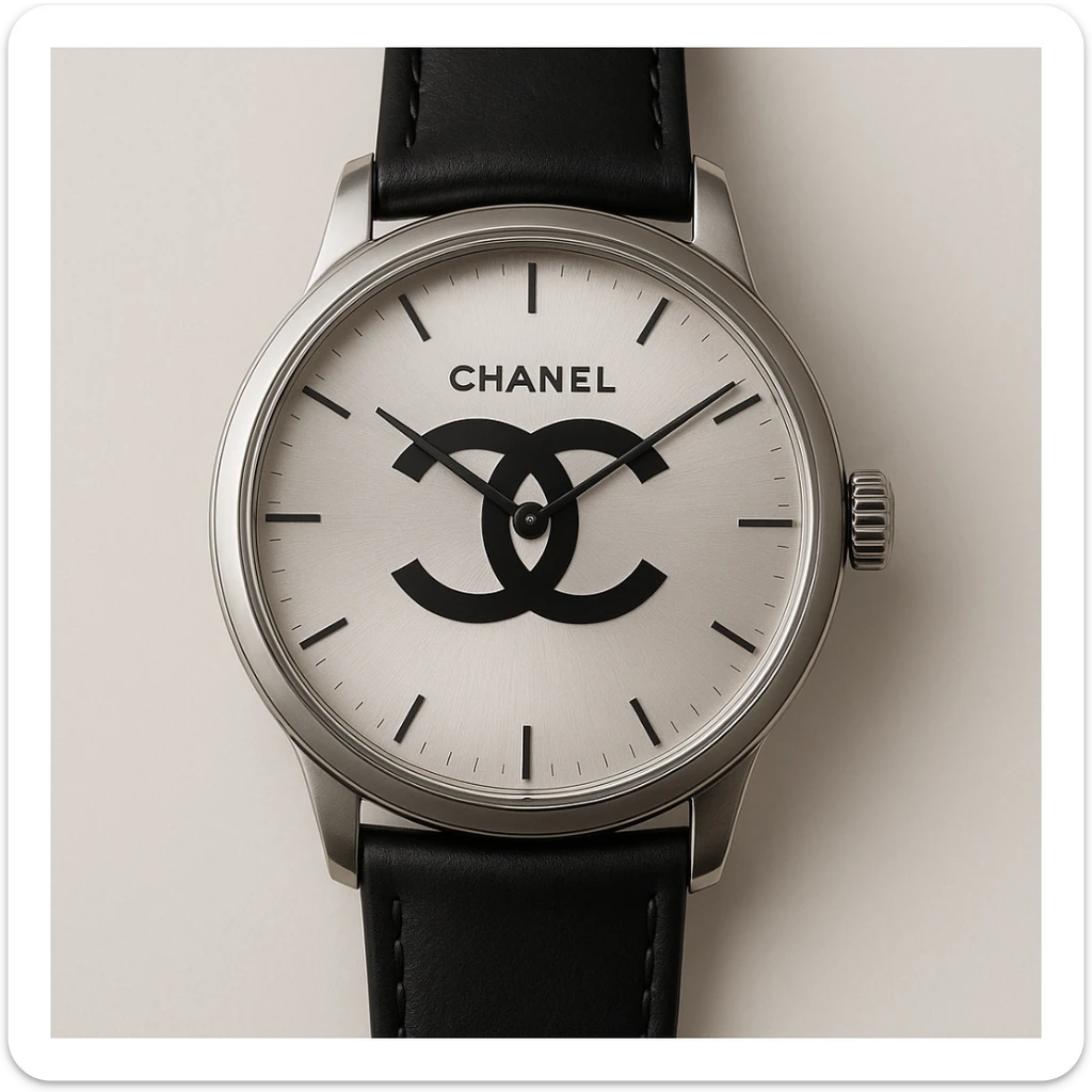 a classic wristwatch with the Chanel double C logo on the face, sophisticated design sticker