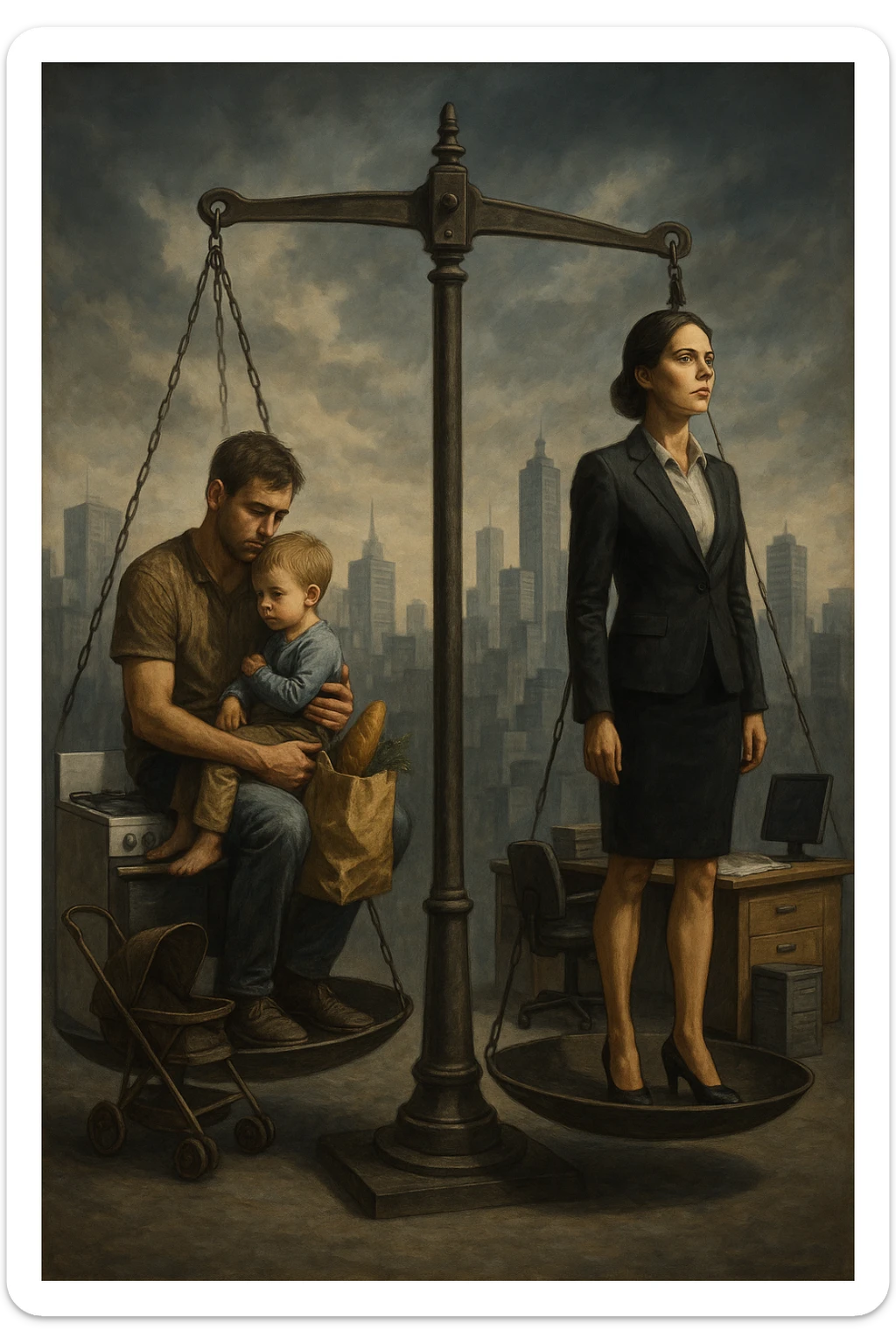 Scena metaforica: una bilancia sociale sbilanciata, con un uomo seduto da un lato con un bambino in braccio e una borsa della spesa, mentre una donna in carriera in abiti formali guarda lontano con espressione determinata. Intorno a loro, simboli confusi dei ruoli tradizionali (fornello, scrivania, passeggino, ufficio). Sullo sfondo, una città moderna e caotica. L’atmosfera è riflessiva, non giudicante. Luci contrastate, come a simboleggiare tensione culturale. in italiano sticker