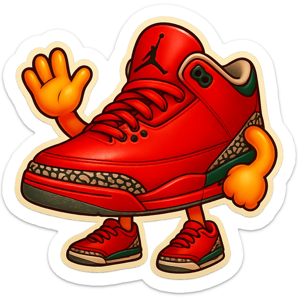 Add yellow cartoon arms and legs in the same style as the green Air Jordan 3 emoji character to the red Air Jordan 3 emoji character. Keep the University Red, Black, and Cement Grey colors consistent with the original style. sticker