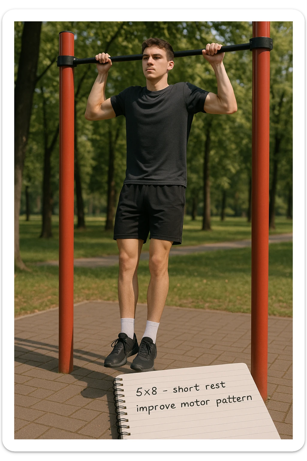 Giovane principiante dello streetlifting in un parco, fisico ancora asciutto, esegue lunghe serie di trazioni senza peso, con tecnica controllata. A terra, un taccuino con scritto '5x8 - riposo breve - migliorare schema motorio'. Espressione concentrata. Luce naturale, atmosfera educativa, senso di costruzione progressiva. sticker