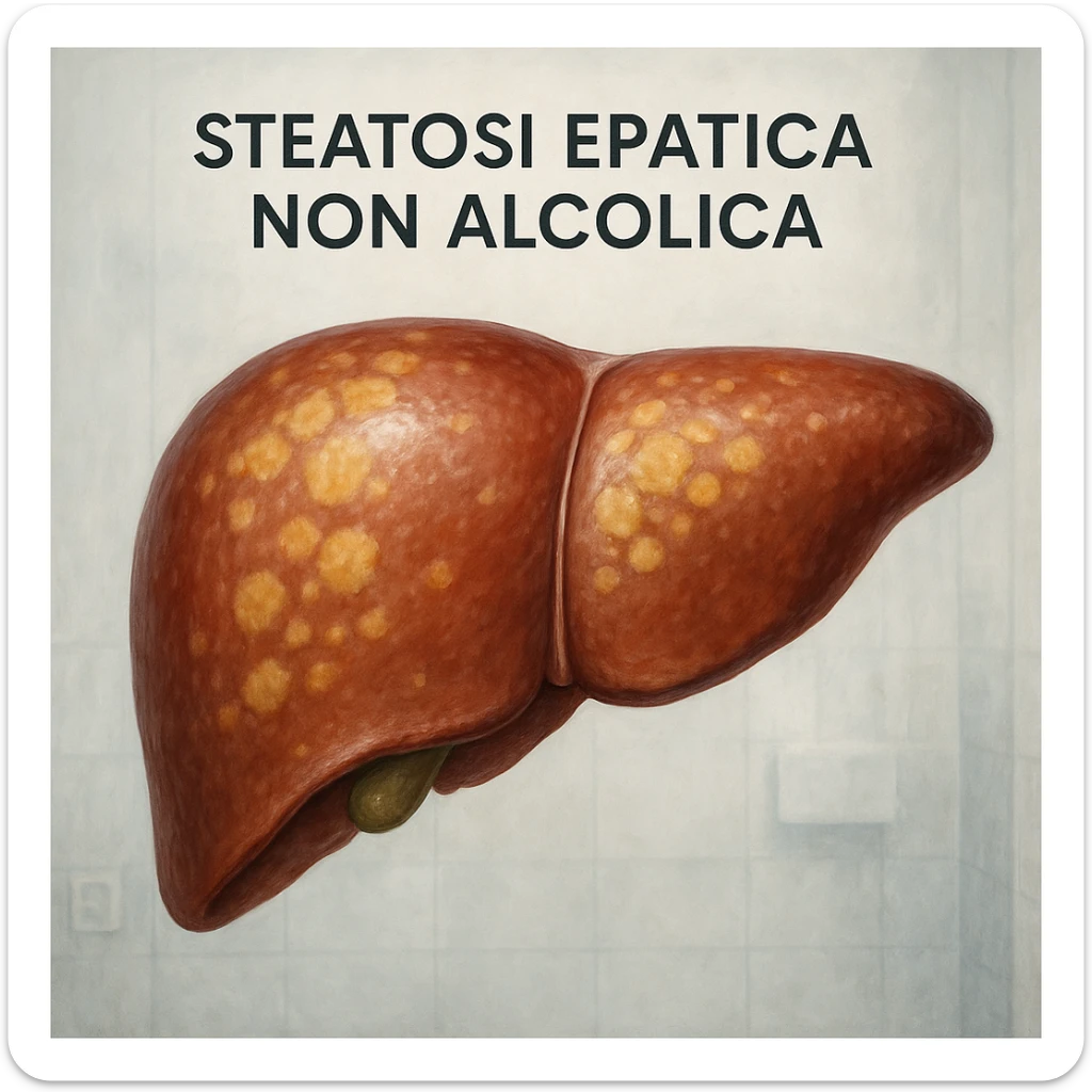realistic illustration of an enlarged human liver with yellowish areas symbolizing fat accumulation, clinical background, Italian text 'Steatosi epatica non alcolica', 4K quality sticker