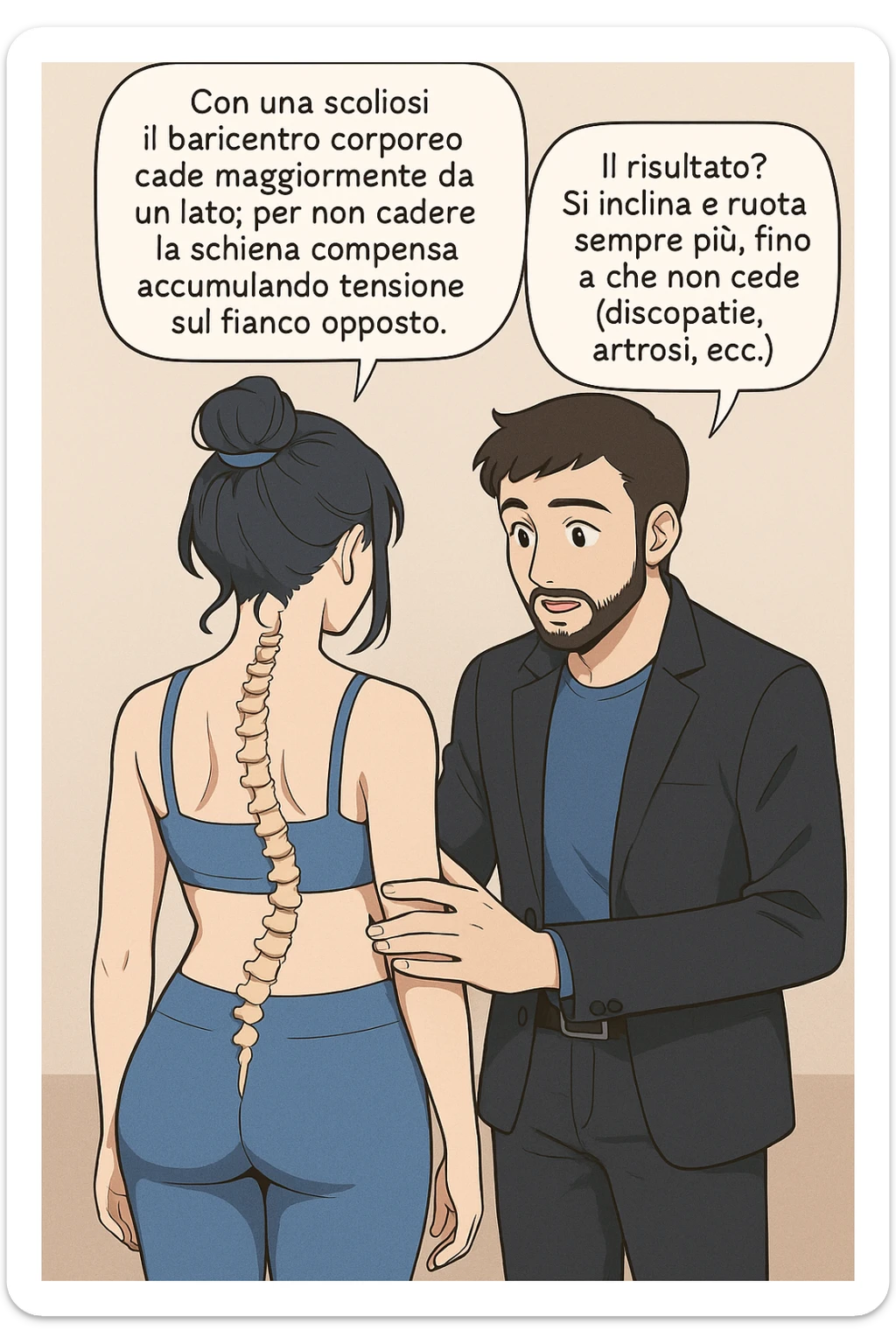 fai questa immagine in versione manga/webtoon a colori, il manga mostra la donna di spalle, mentre l'uomo le tocca la spina dorsale per spiegarle come funziona la scoliosi:
Con una scoliosi il baricentro corporeo cade maggiormente da un lato; per non cadere la schiena compensa accumulando tensione sul fianco opposto.
Il risultato? Si inclina e ruota sempre più, fino a che non cede (discopatie, artrosi, ecc) sticker