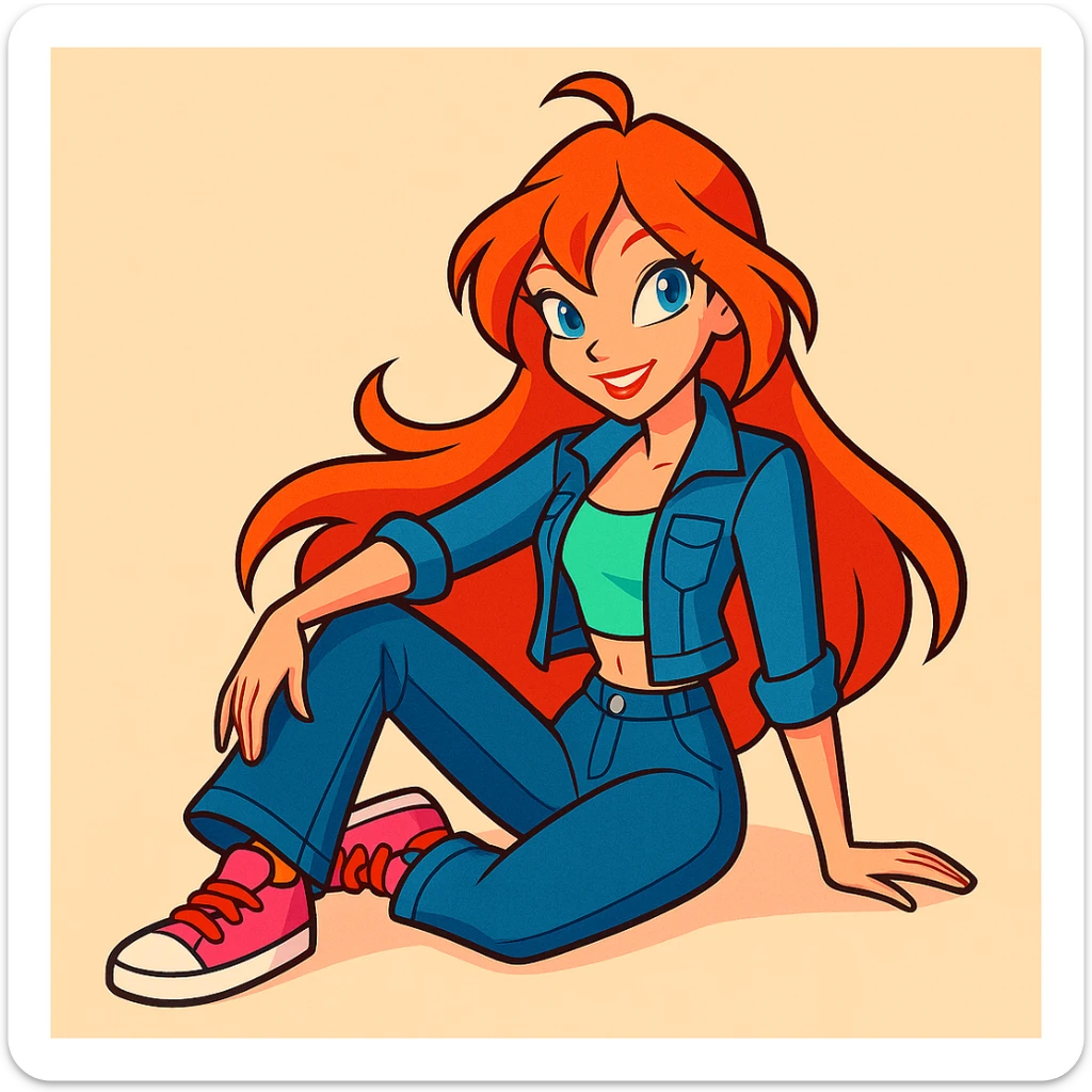 Bloom from Winx Club in casual clothes, relaxed pose, vibrant toon style, no fairy wings, modern fashion, friendly expression sticker