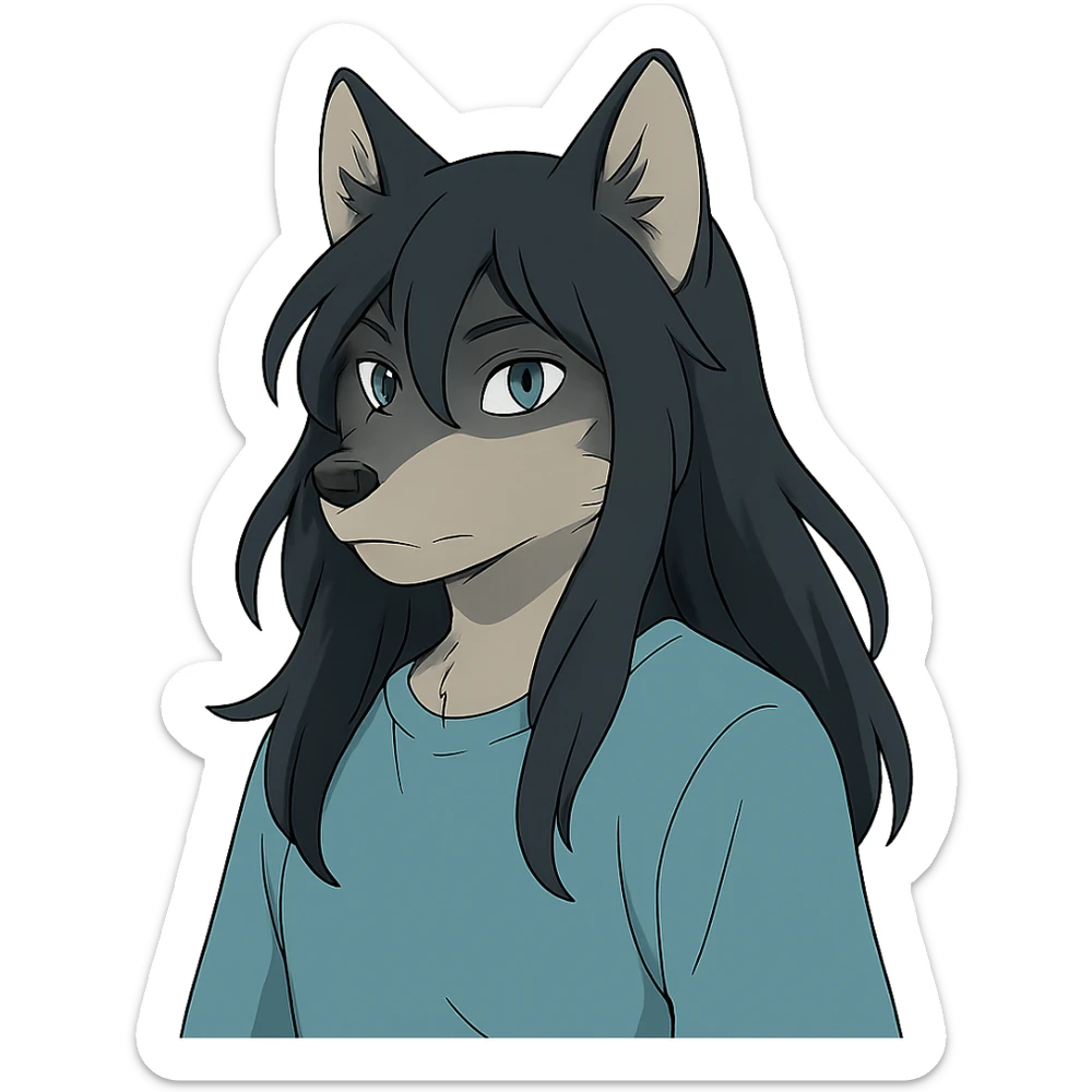 anime style wolf furry character with blue eyes, long black hair, wearing a light blue shirt sticker