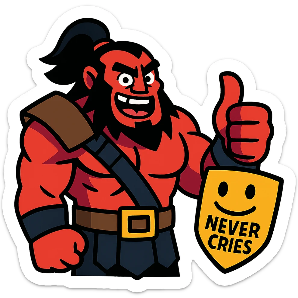 A cartoonish Dota 2 hero (like Axe) giving a thumbs-up to a player who never cries sticker
