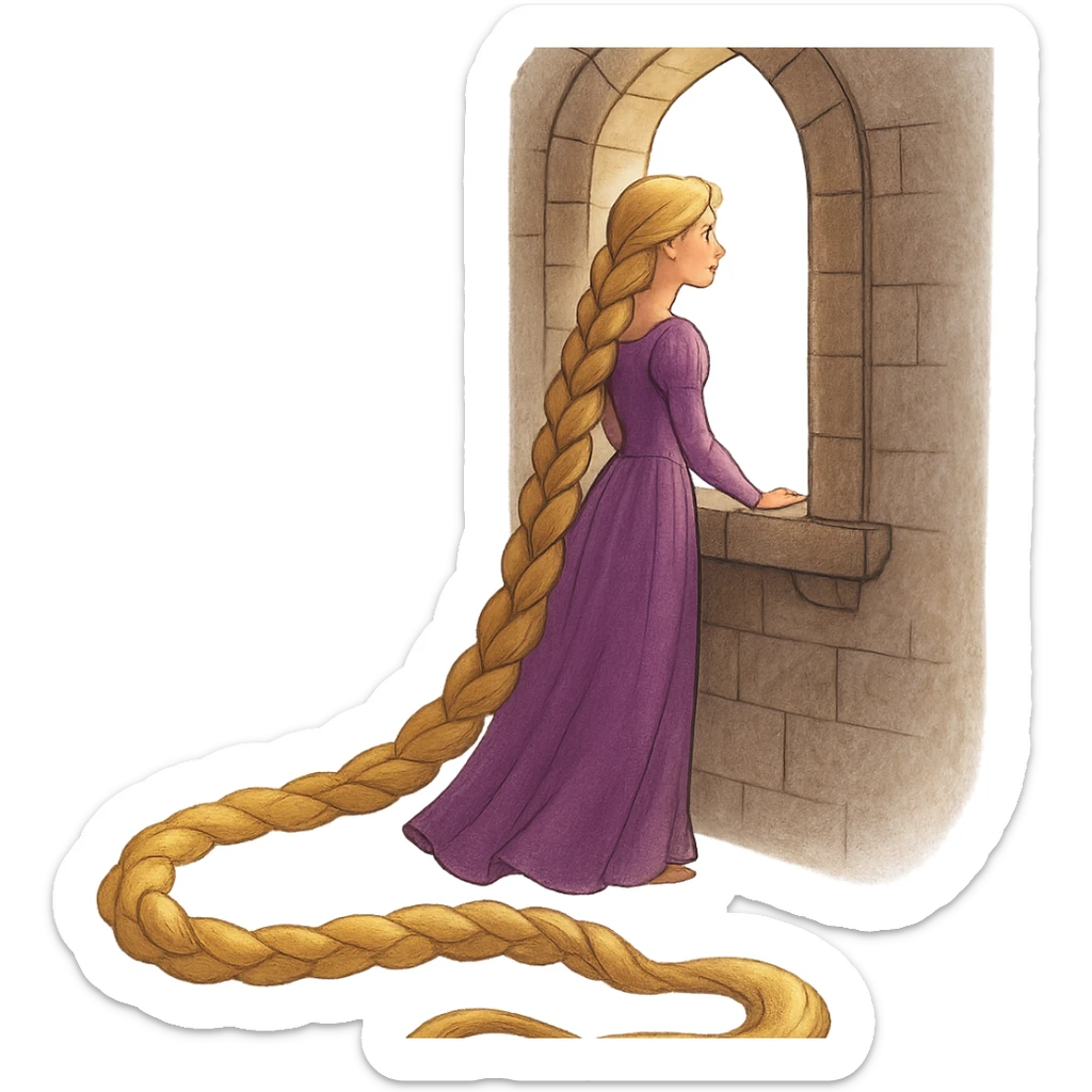 a Rapunzel-like girl with extremely long braided hair, purple dress, looking out a window sticker