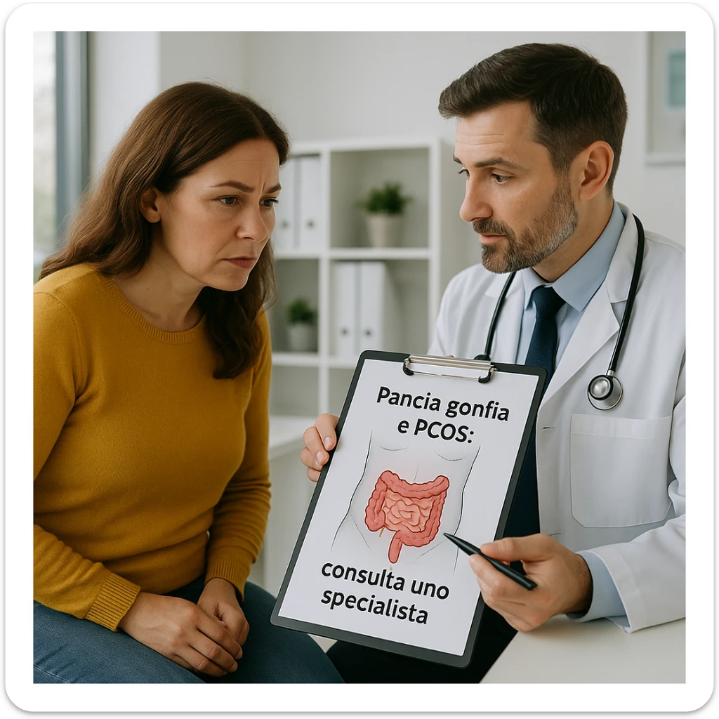 Donna seduta in uno studio medico, il medico le mostra un diagramma con la zona addominale evidenziata, espressione di attenzione, testo in italiano: 'Pancia gonfia e PCOS: consulta uno specialista', qualità 4K sticker