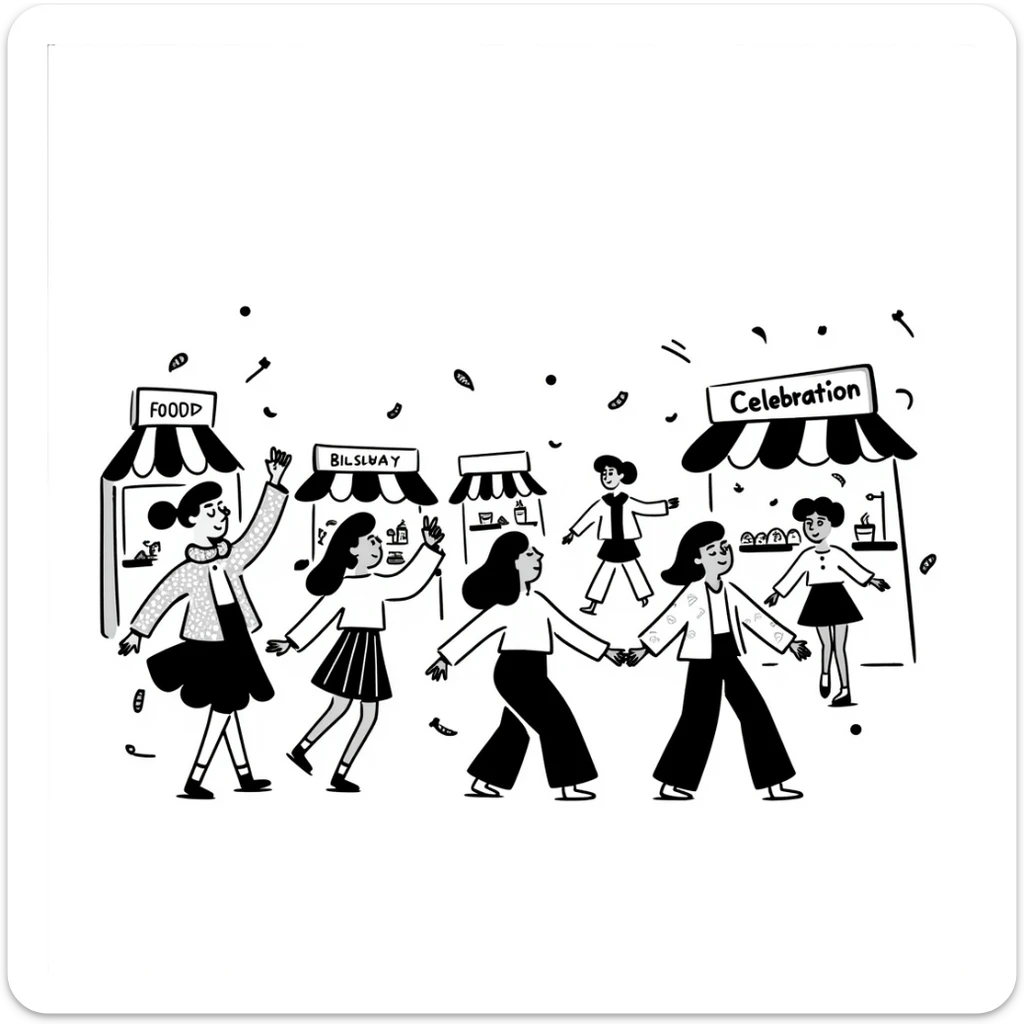 A lively festival celebration with people dancing, food stalls, and confetti sticker