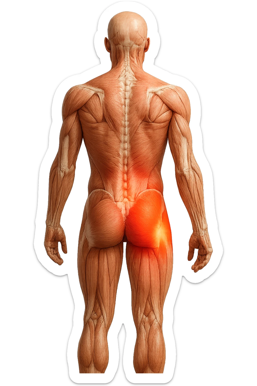 CORPO UMANO ANATOMICO A FIGURA INTERA REALISTICO DI SPALLE CON DOLORE ALLA LOMBARE INFIAMMATA, DOLORE ALL'ANCA, IPERREALISTICO 4K sticker