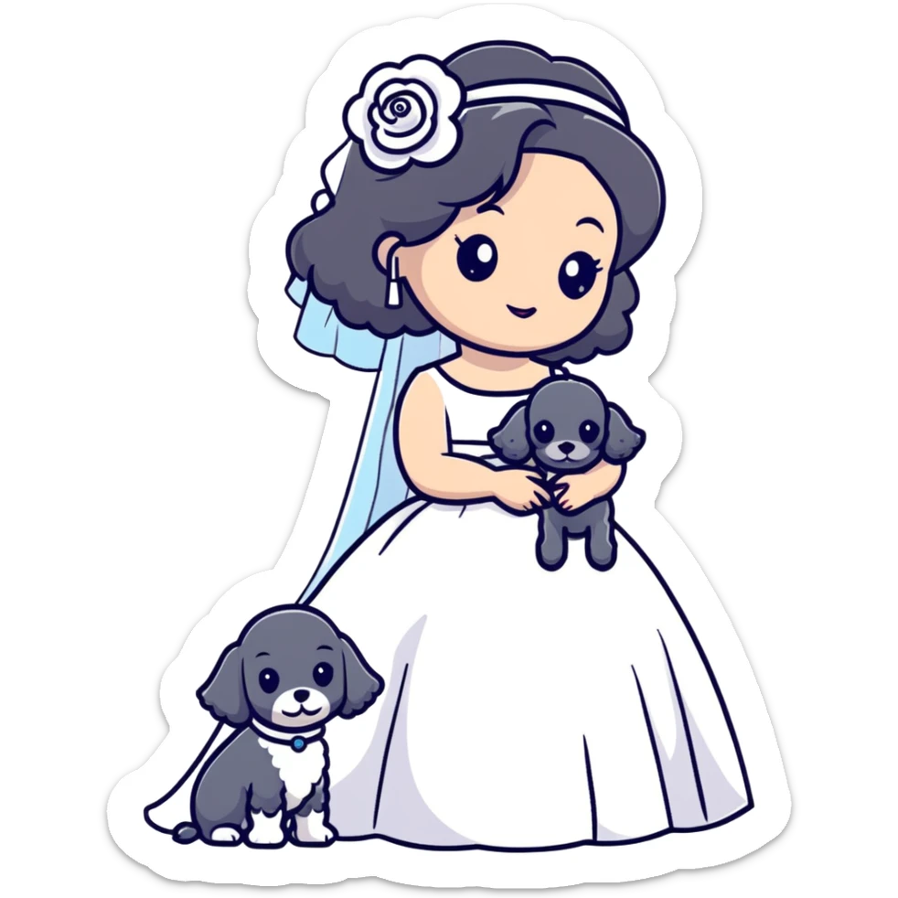 A beautiful girl with long black hair in a wedding dress holds a small gray poodle sticker