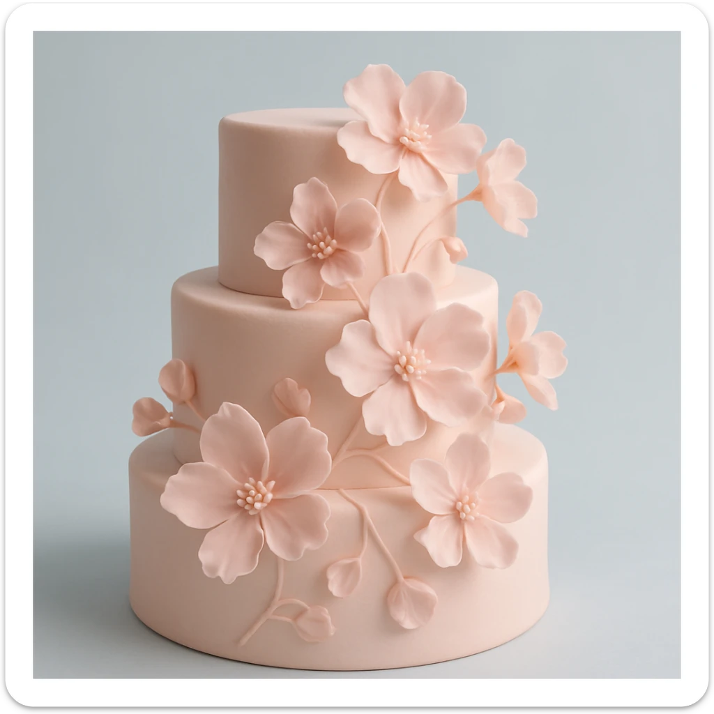 wedding cake with pink fondant flowers and a light blue background sticker