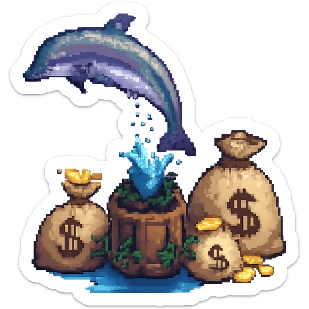 Add bags of money next to the dolphin in pixel art style, no background. sticker