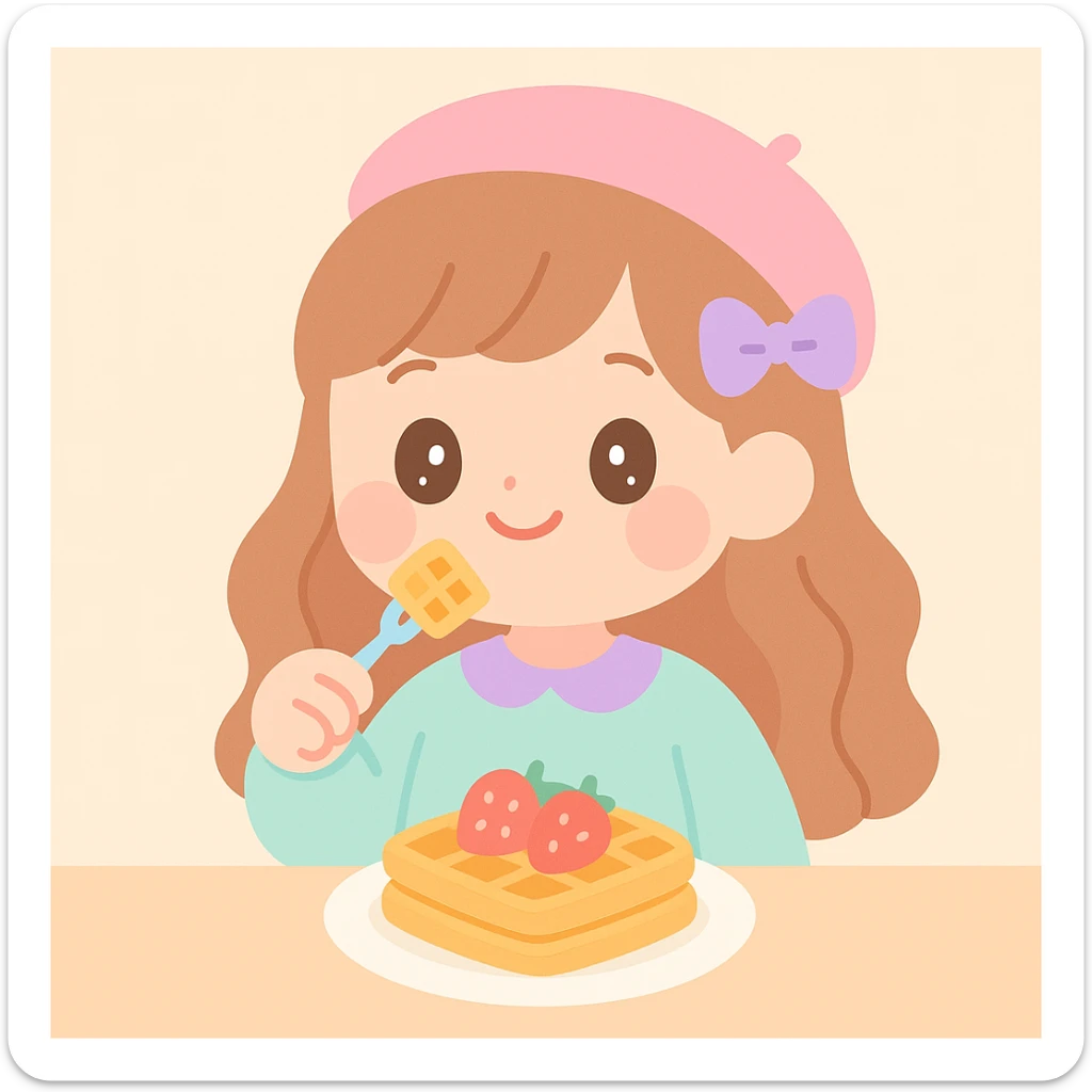 joven con look soft girl comiendo wafles con frutilla, fondo suave y cálido, colores pastel sticker