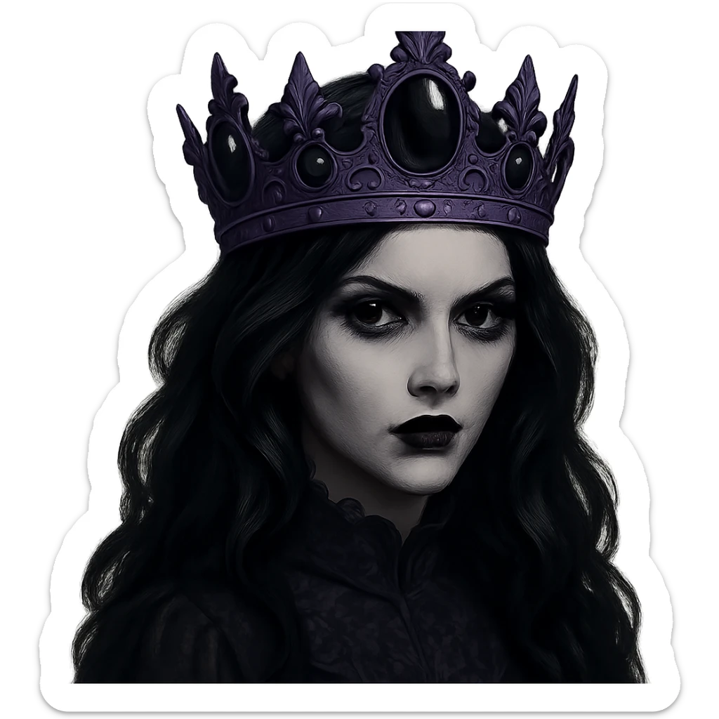 Change the gothic black crown to be made of matte purple metal, with onyx stones and a haunting, sophisticated design. Keep the background transparent. The style should maintain the gothic and elegant look of the original image. sticker