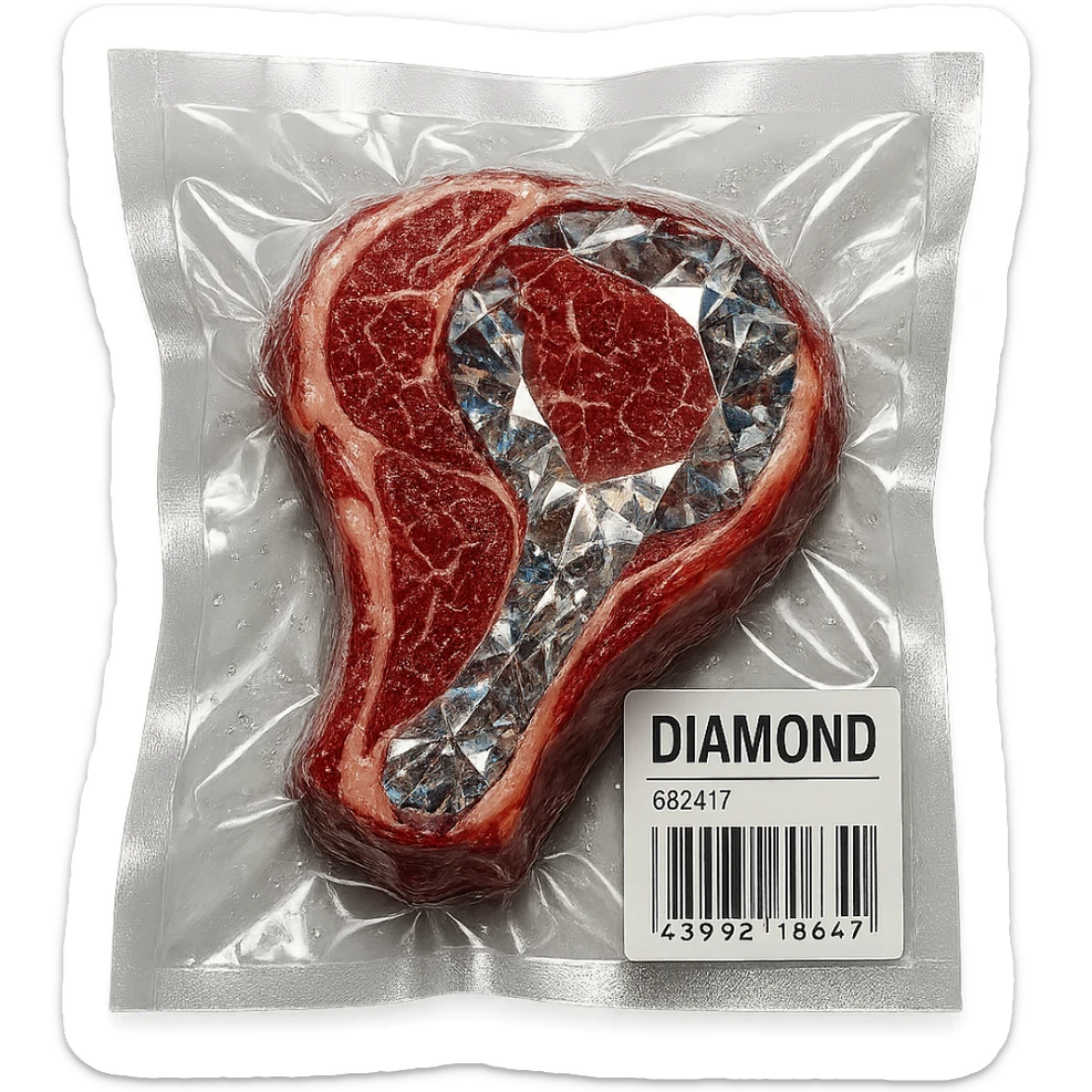 meat steak made of diamond, glossy and puffy, vacuum-sealed style sticker