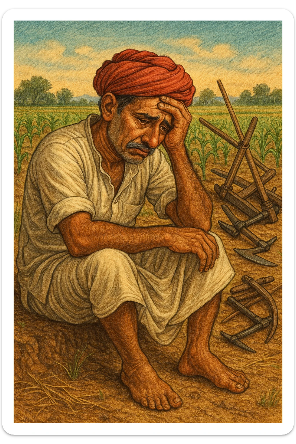 An Indian farmer wearing a dhoti, sitting sadly in a farm, expressive face, rural background, detailed illustration. sticker