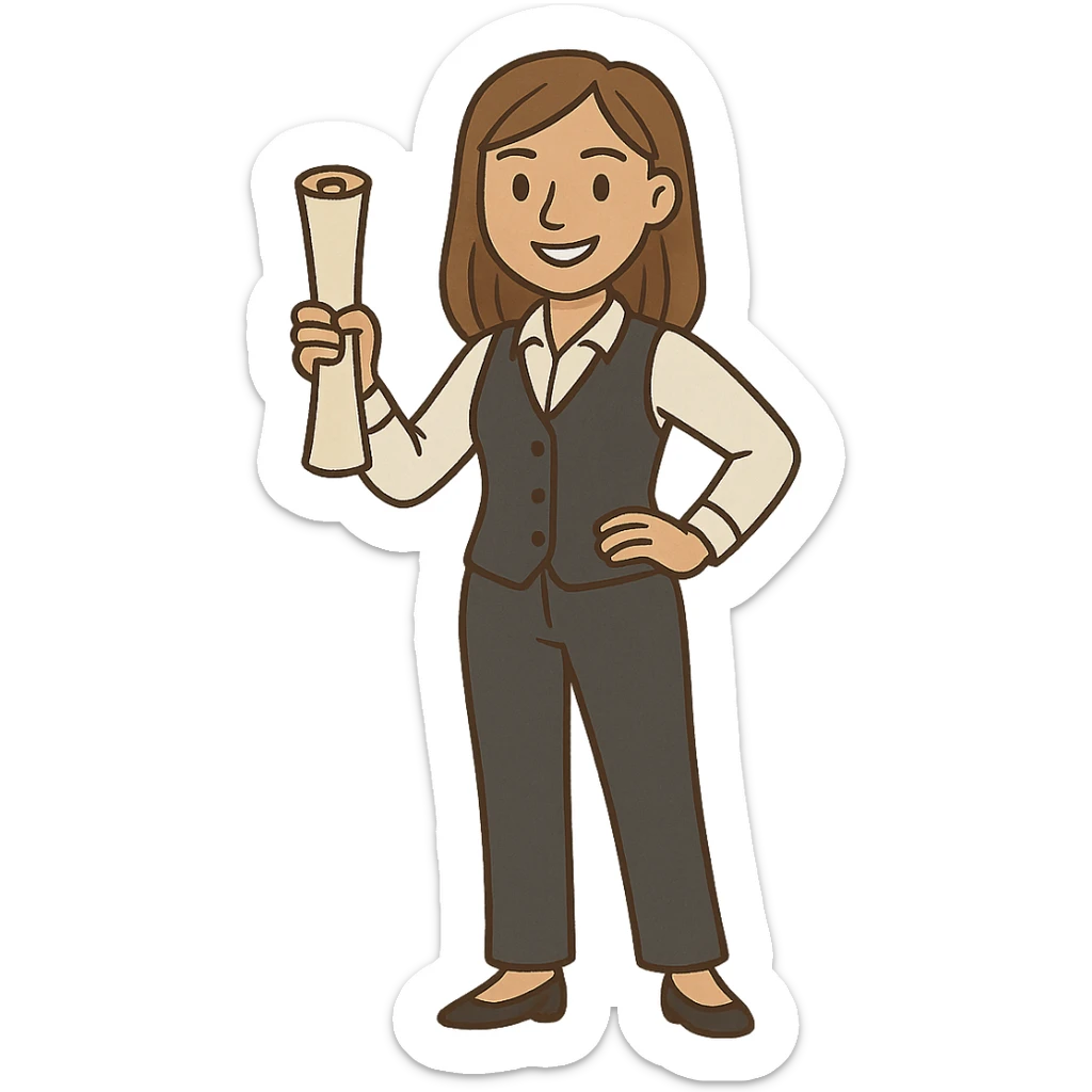 female character with light brown straight hair, academic vest and pants, smiling, standing confidently as mentor, holding a scroll sticker