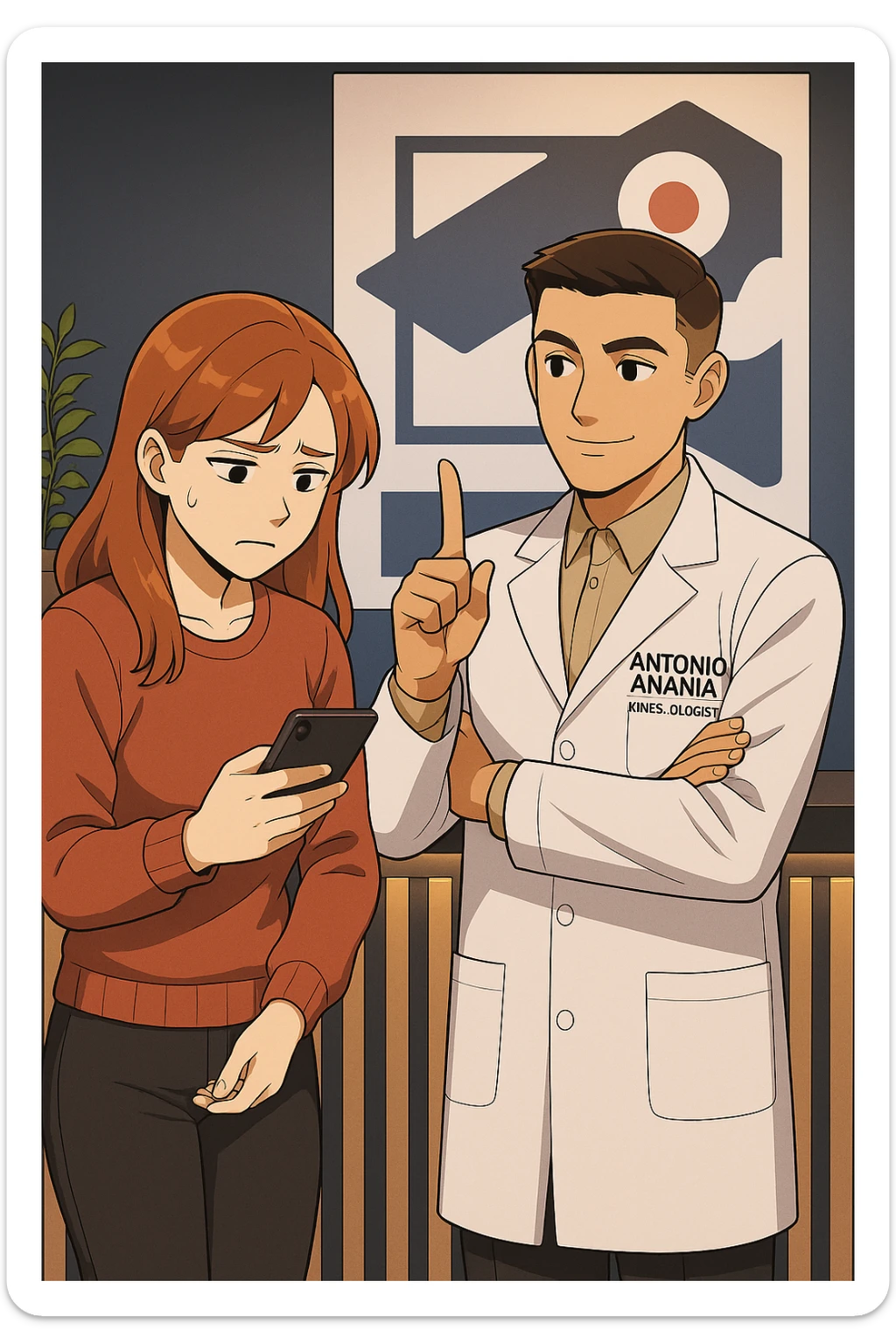 su questo stile fai un manga/webtoon a colori in cui una donna CONTROLLA LO SMARTPHONE MENTRE PARLA CON L'UOMO, l'uomo della foto in stile manga LE DICE DI "NO" CON IL DITO, mantieni un ambiente simile alla foto che ho allegato con il suo logo (sarebbe il suo studio, lui è un kinesiologo), scrivigli "ANTONIO ANANIA" sul camice bianco, non mettere fumetti, ma fai in modo che sembri che la donna CONTROLLI LO SMARTPHONE E L'UOMO CON I GESTI LE FACCIA CAPIRE CHE STA SBAGLIANDO sticker