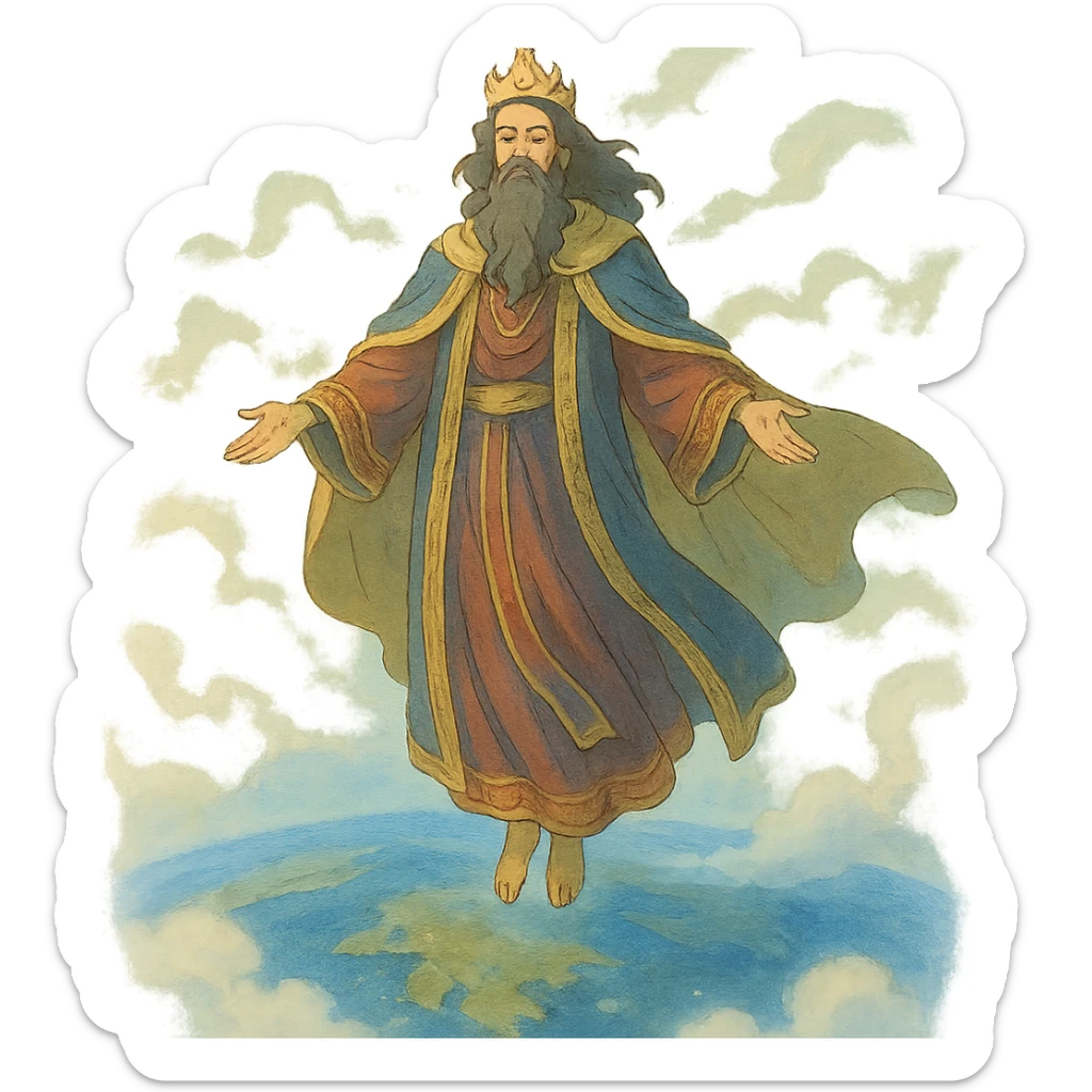 ghibli style godlike man with regal robes, floating above the world, ethereal atmosphere sticker