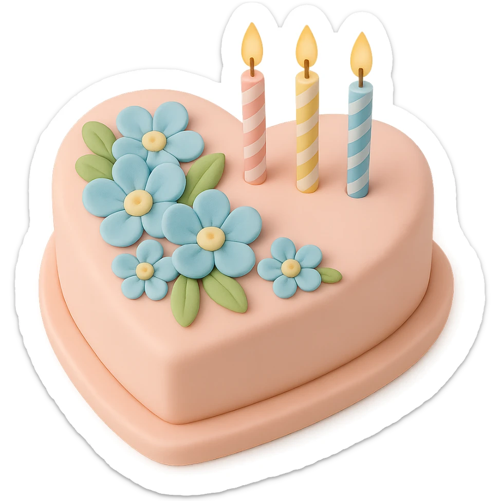 Add birthday candles to the heart-shaped fondant cake with blue flowers, fondant cake art style, keep transparent background. sticker