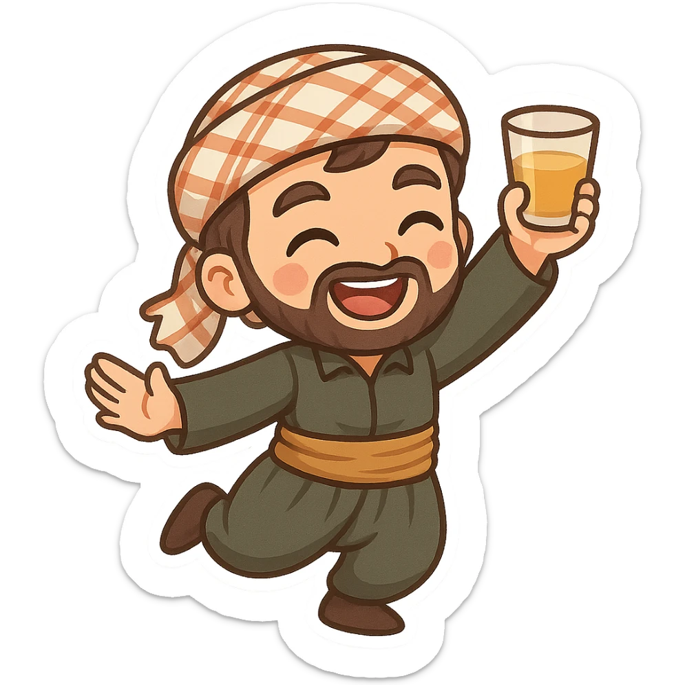 Kurdish man or woman in jamadani, cartoon style, joyful and festive, celebrating with a dance or raised glass, no text sticker