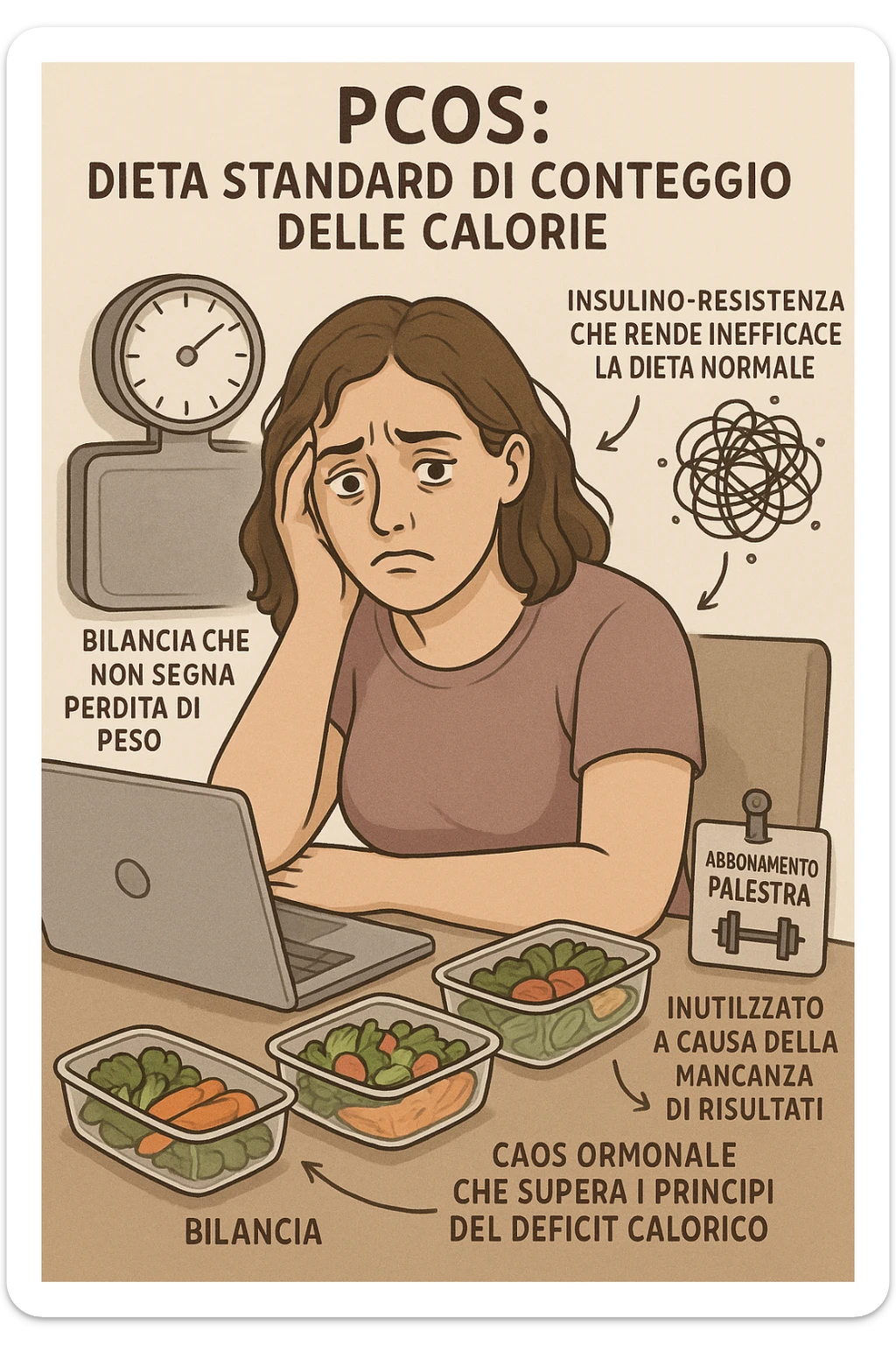 "Desperate woman with PCOS following standard calorie-counting diet, scale showing no weight loss despite strict adherence, expression of confusion and defeat, meal prep containers with healthy foods, insulin resistance making normal dieting ineffective, hormonal chaos overriding caloric deficit principles, gym membership unused due to lack of results scritte in italiano sticker